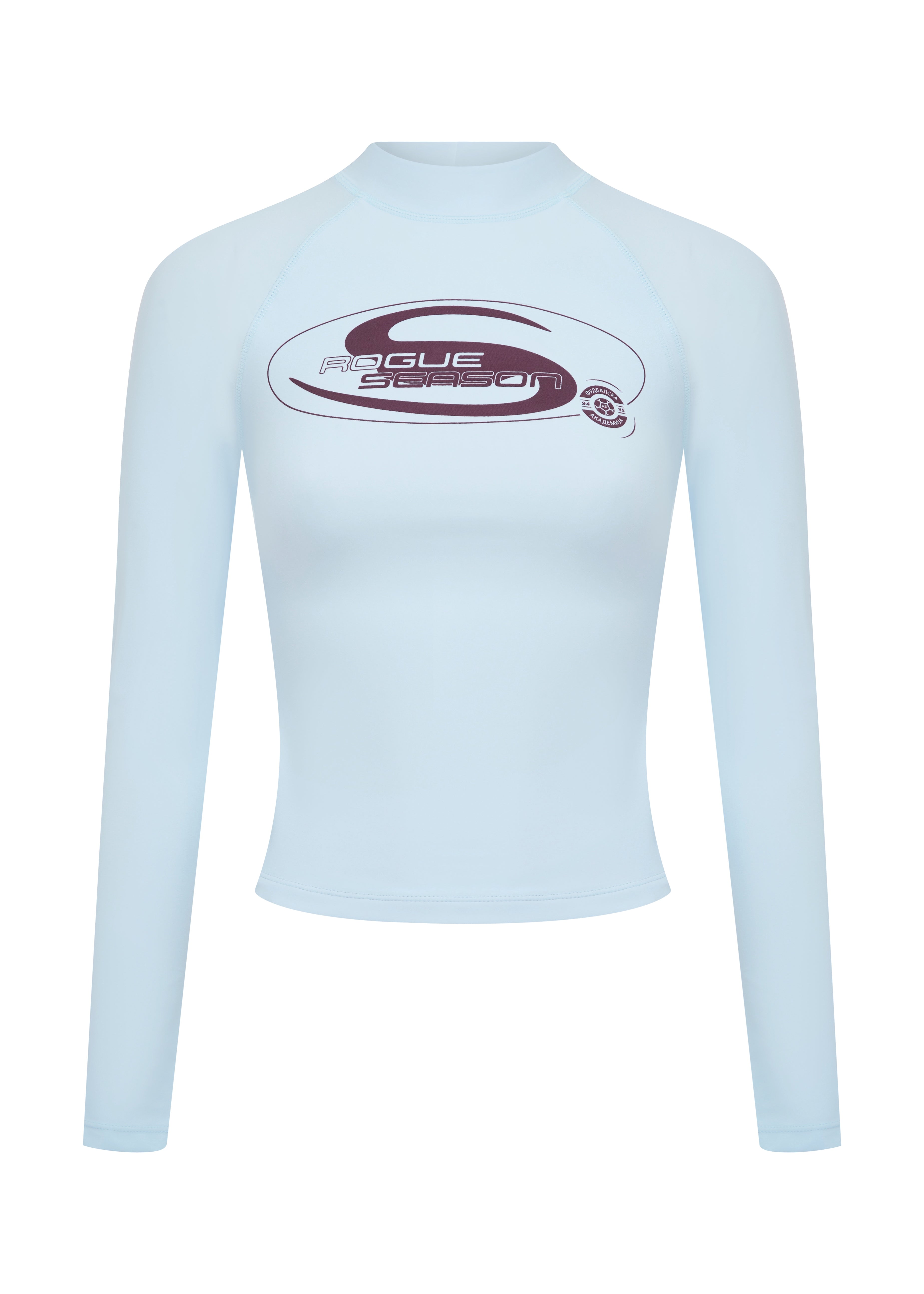 A light blue long-sleeve high-neck shirt with a burgundy  'Rogue Season' logo printed on the chest, displayed on a clean white background.