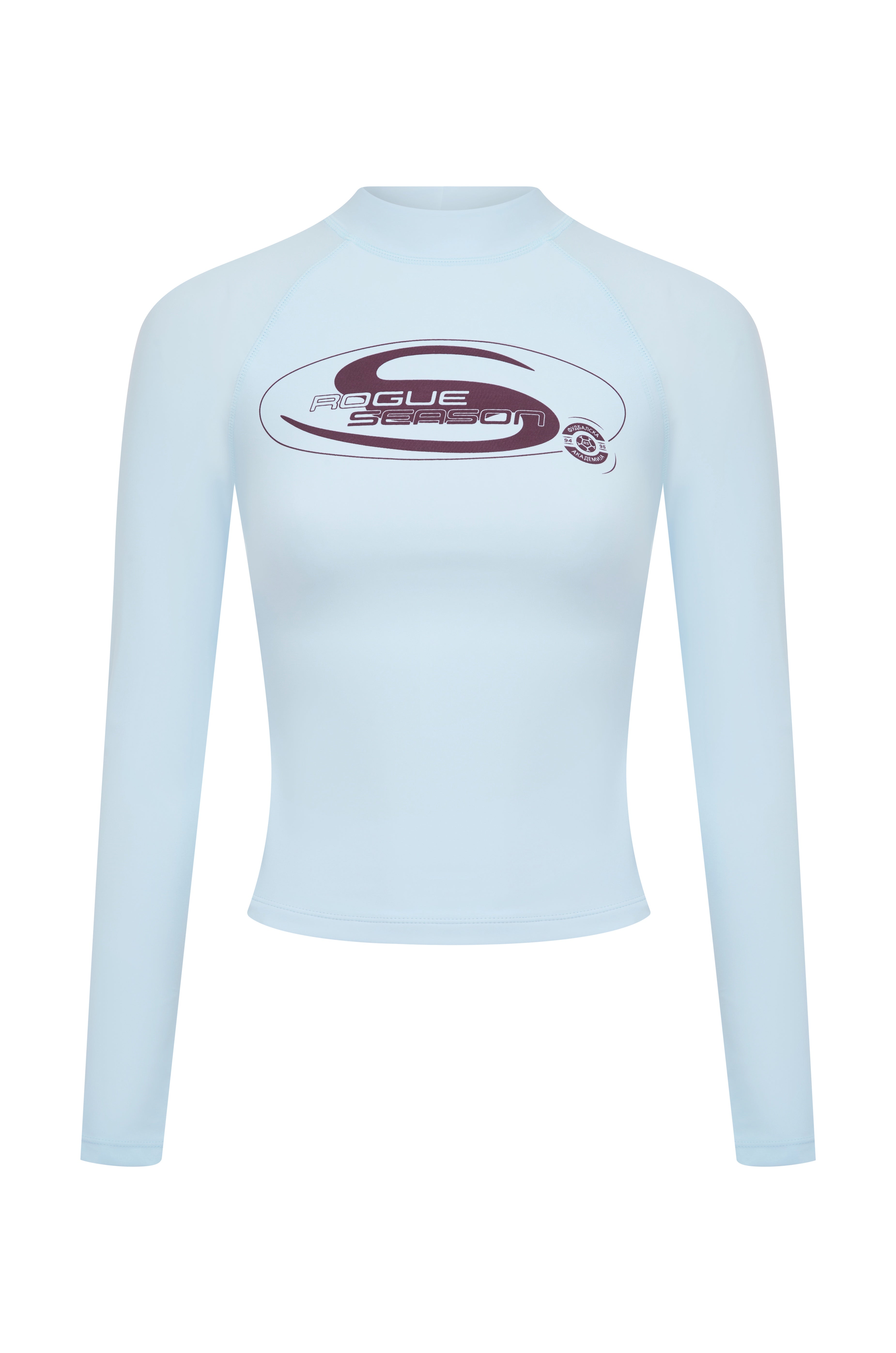 A light blue long-sleeve high-neck shirt with a burgundy  'Rogue Season' logo printed on the chest, displayed on a clean white background.