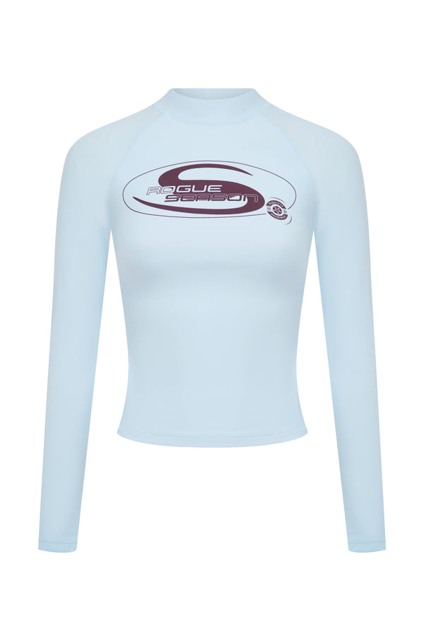 A light blue long-sleeve high-neck shirt with a burgundy  'Rogue Season' logo printed on the chest, displayed on a clean white background.