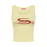 Yellow tank top with red and logo on a white background