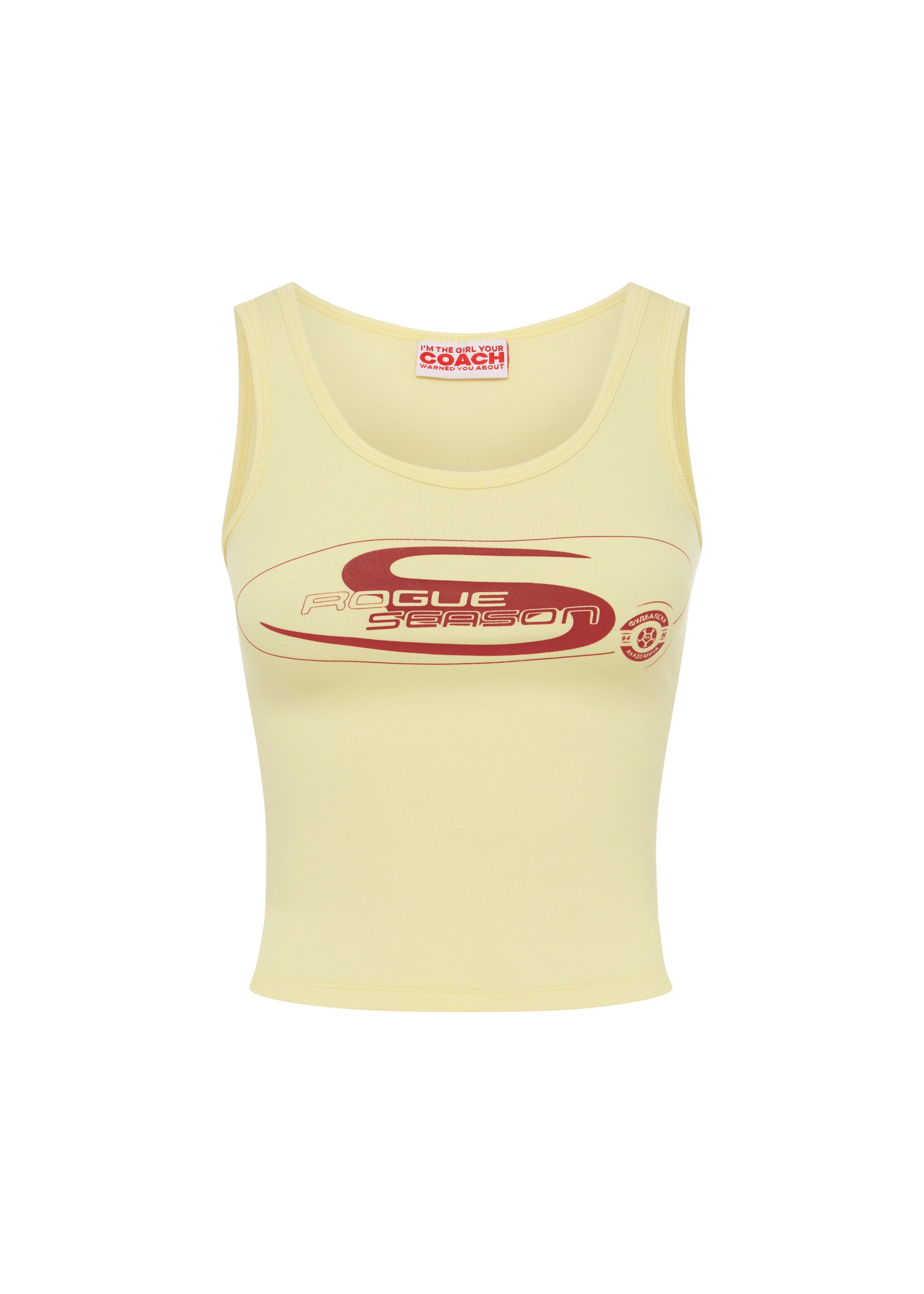 Yellow tank top with red and logo on a white background