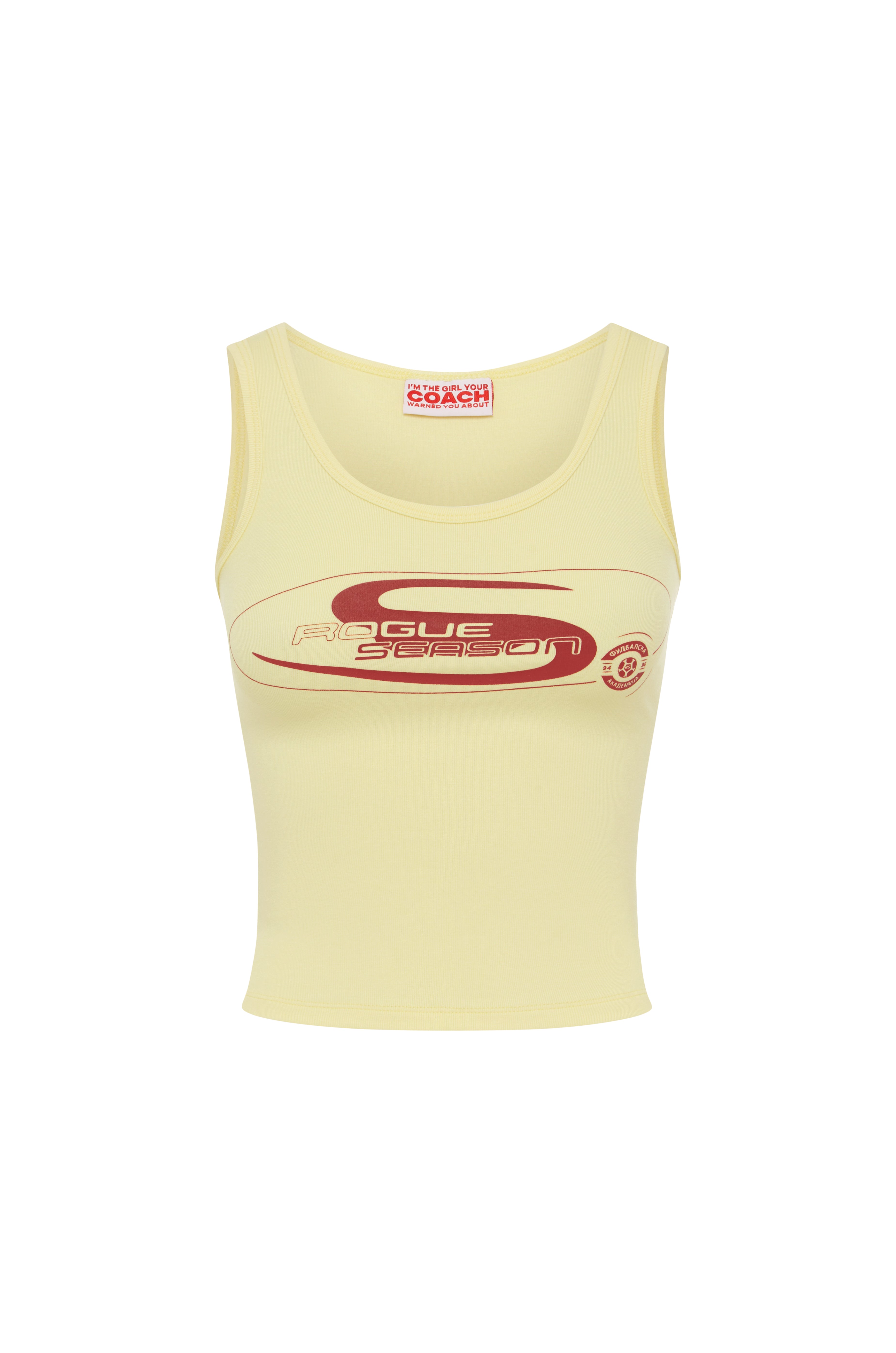 Yellow tank top with red and logo on a white background