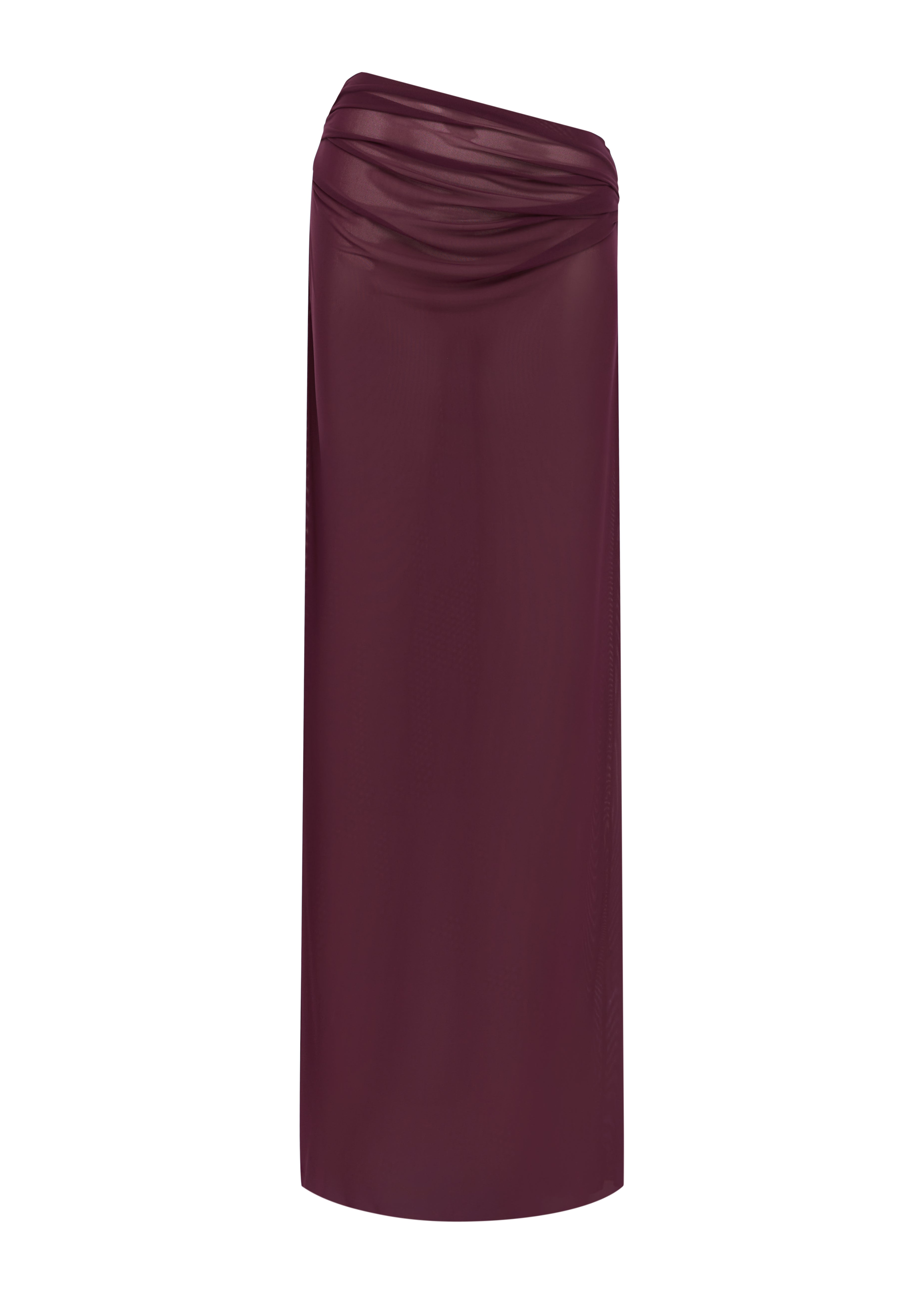 Burgundy drape sheer maxi skirt on a white background.
