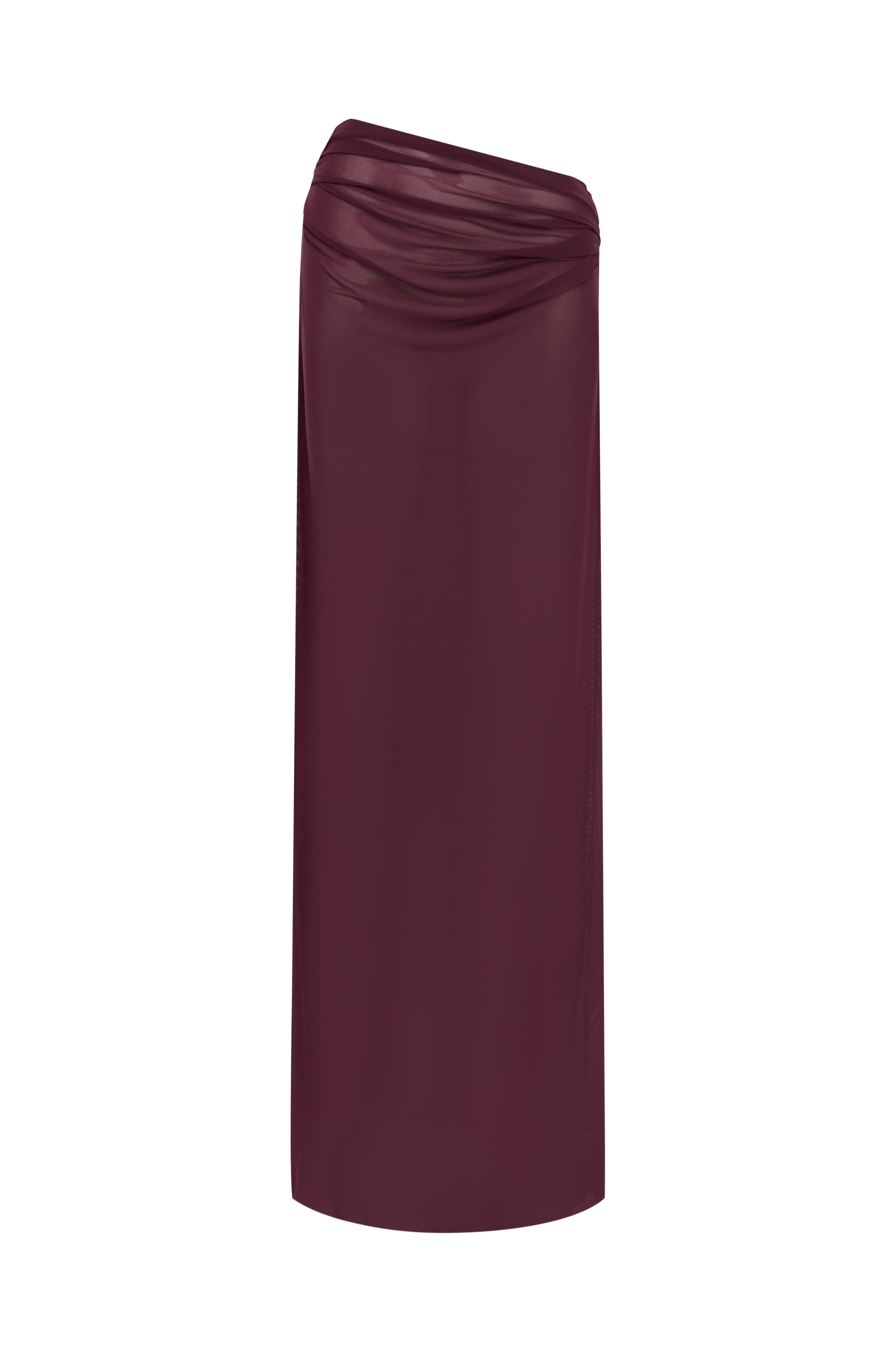 Burgundy drape sheer maxi skirt on a white background.