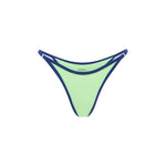 Green bikini bottom with blue trim, on a plain background.
