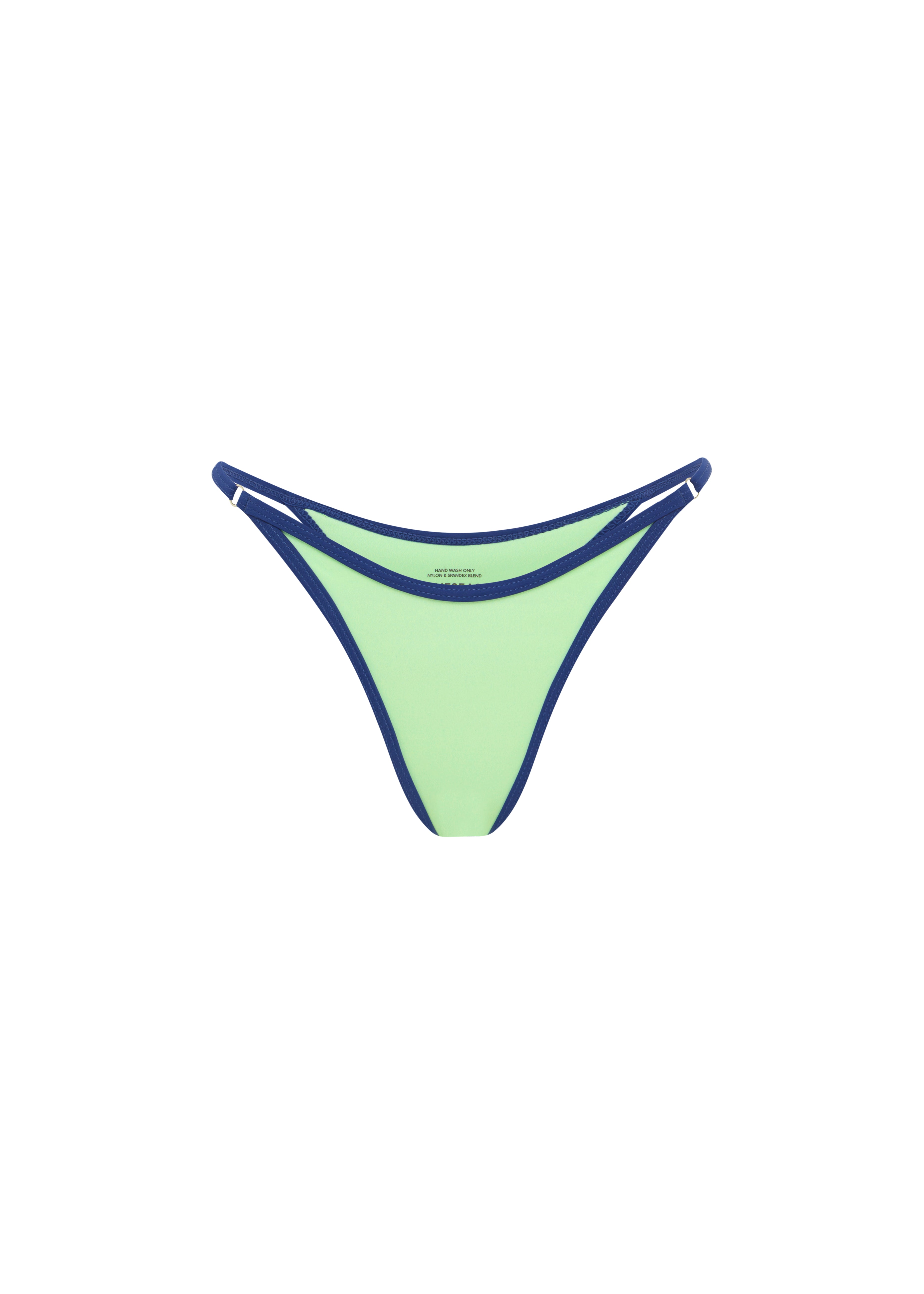 Green bikini bottom with blue trim, on a plain background.