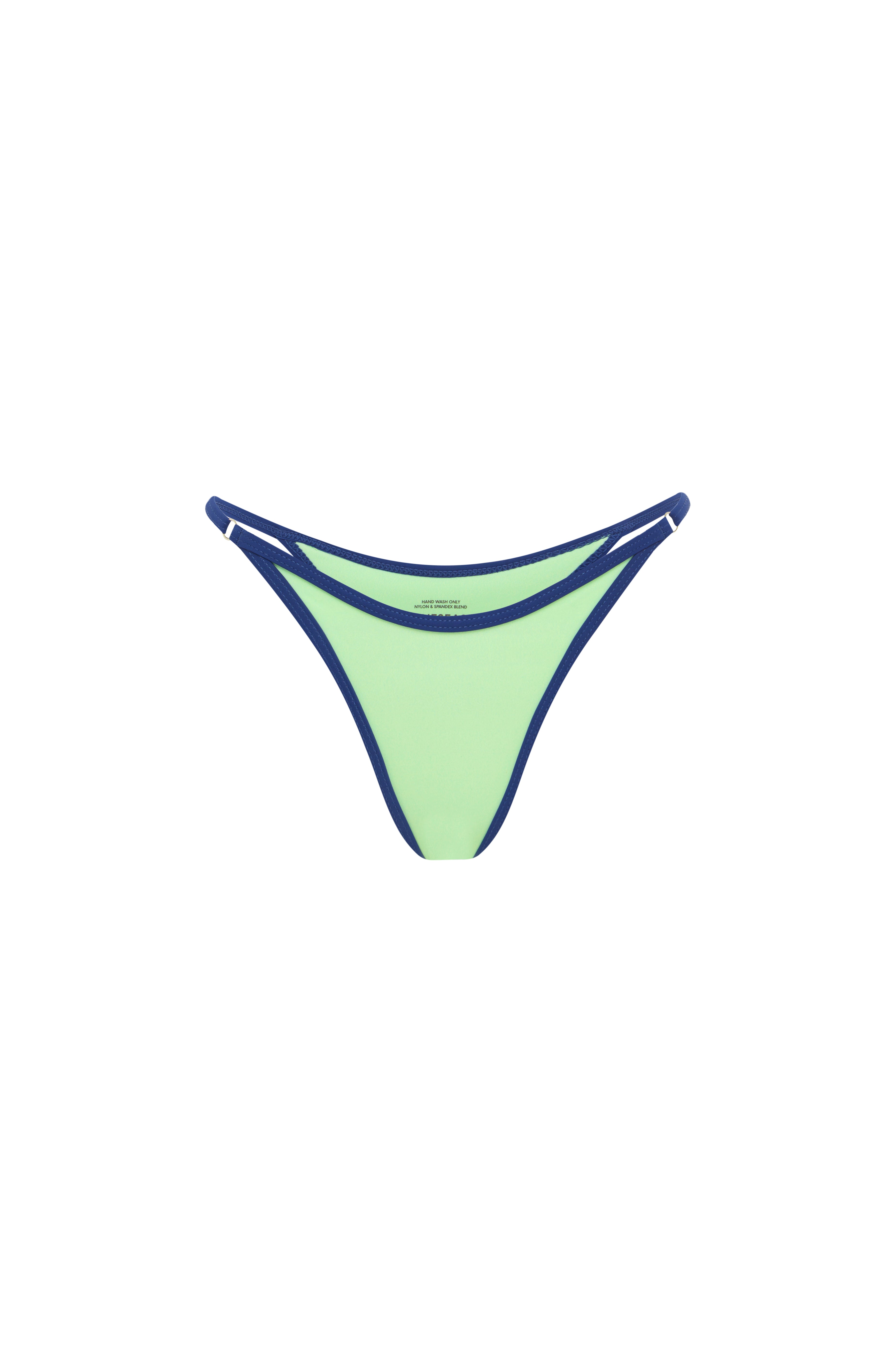 Green bikini bottom with blue trim, on a plain background.