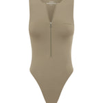 Cinnamon coloured bodysuit with a mid to high waist band and a front zip detail on a white background.