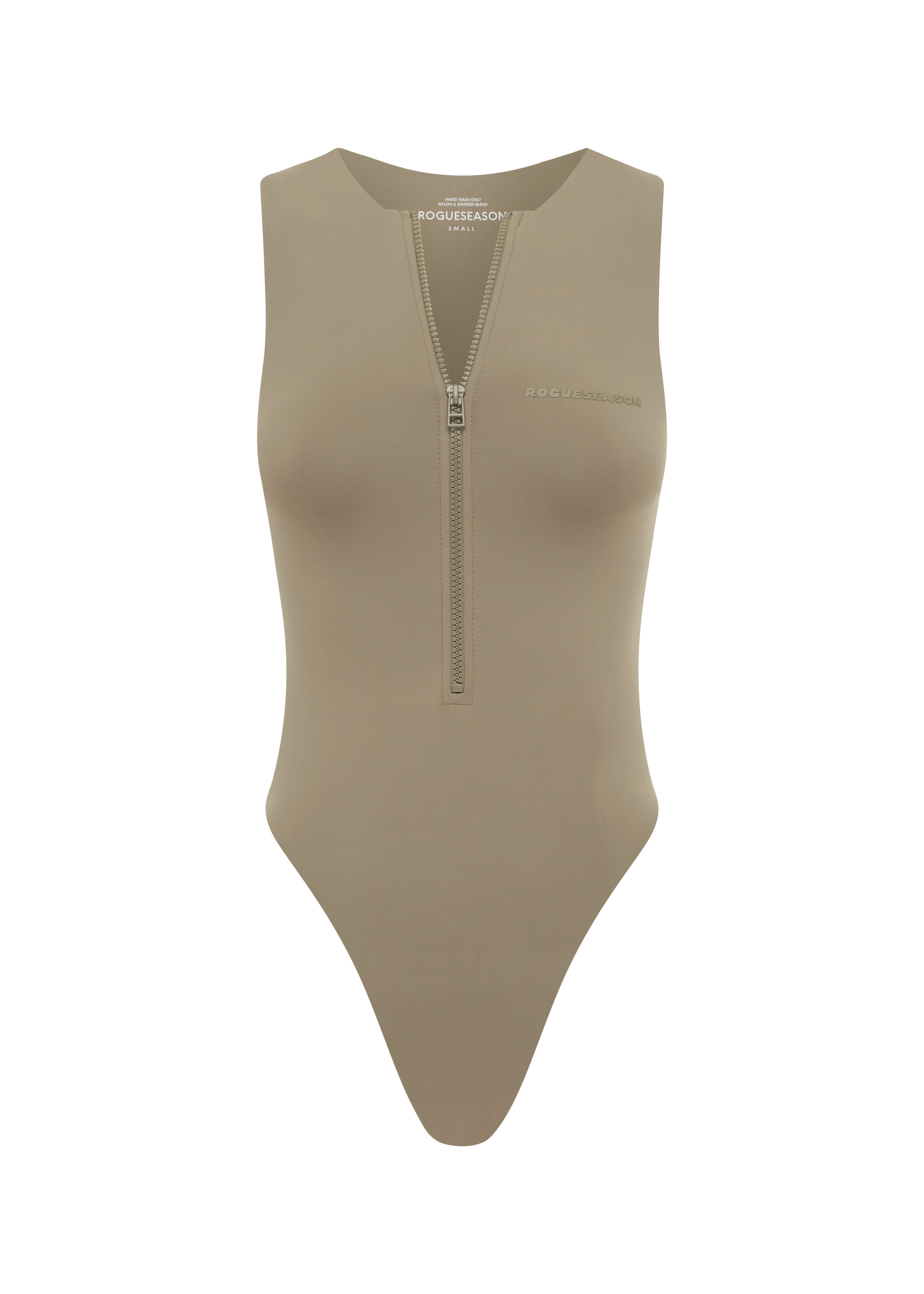 Cinnamon coloured bodysuit with a mid to high waist band and a front zip detail on a white background.