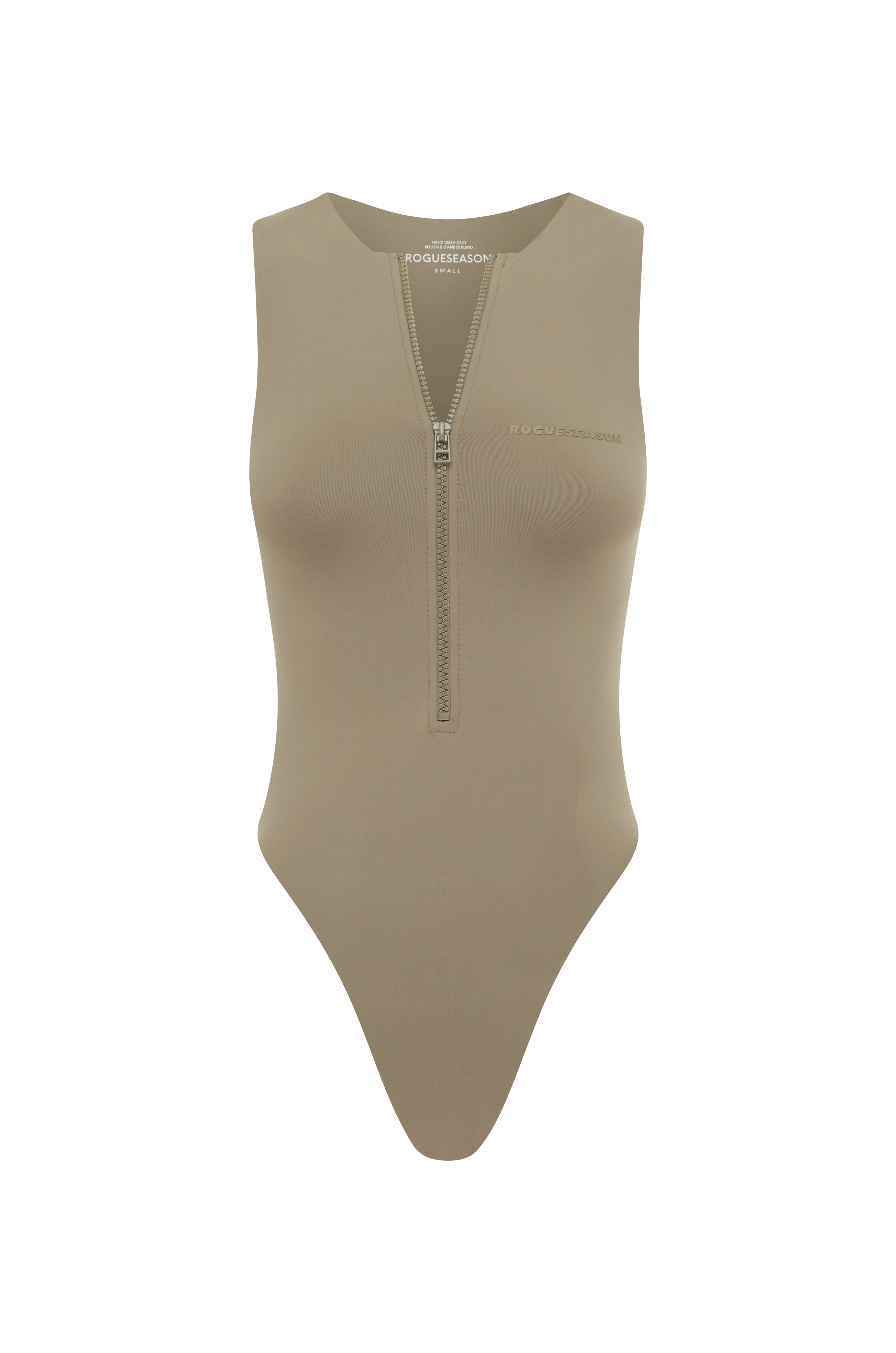 Cinnamon coloured bodysuit with a mid to high waist band and a front zip detail on a white background.