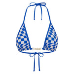 Blue checkered bikini top on a white background