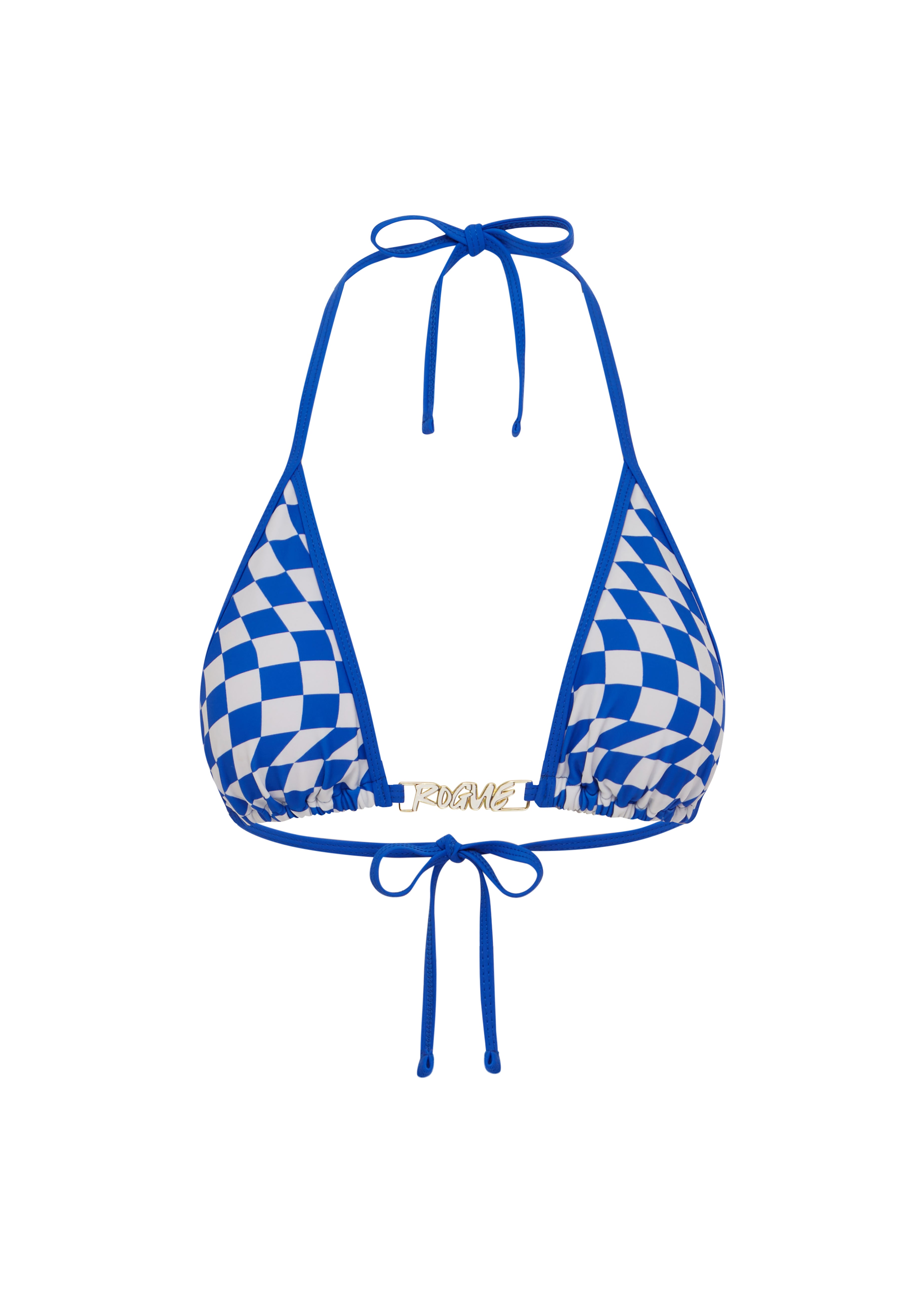 Blue checkered bikini top on a white background