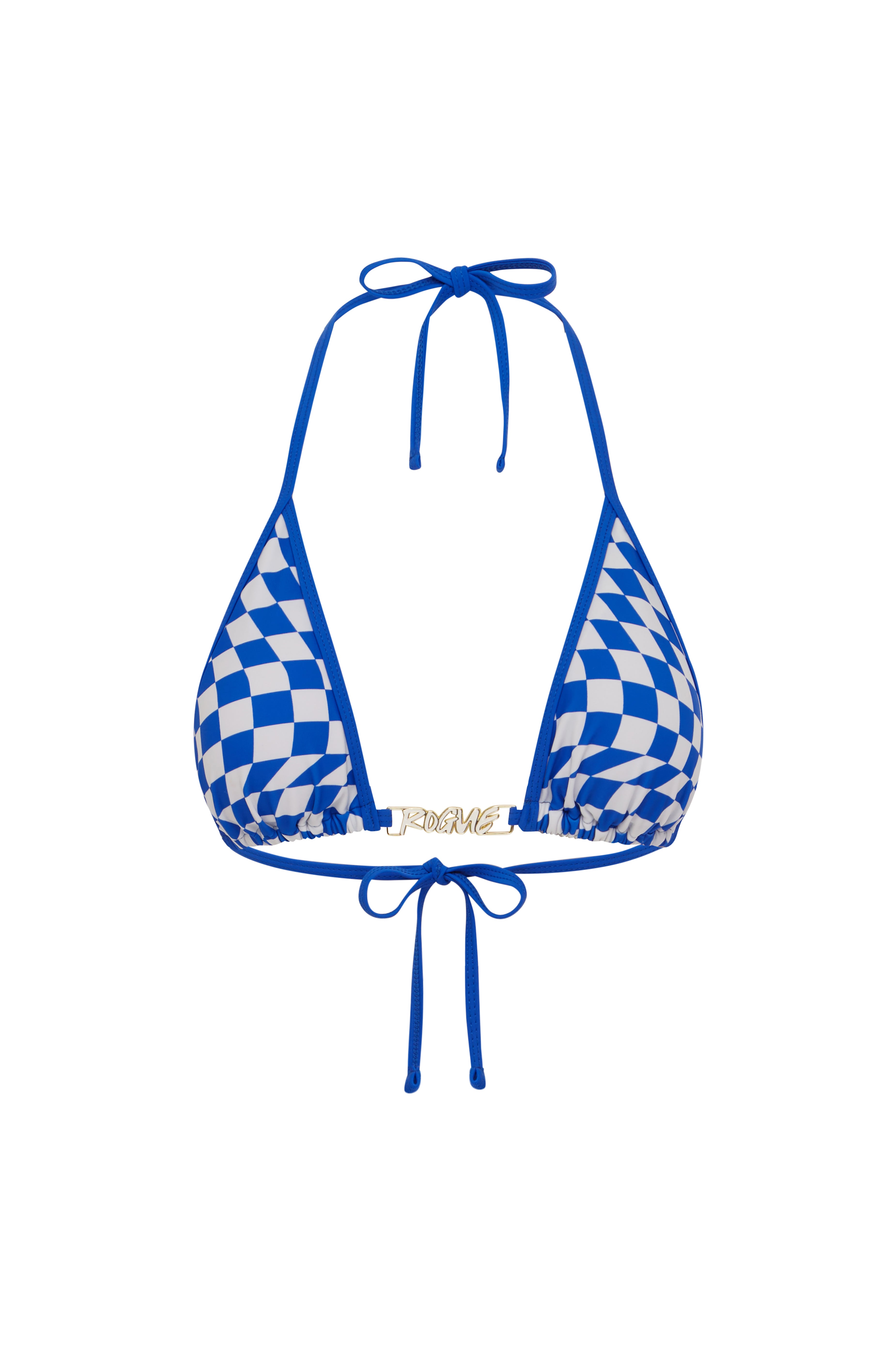 Blue checkered bikini top on a white background