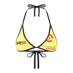 Rogue Season Yellow bikini top with black contrast straps and logo on a white background