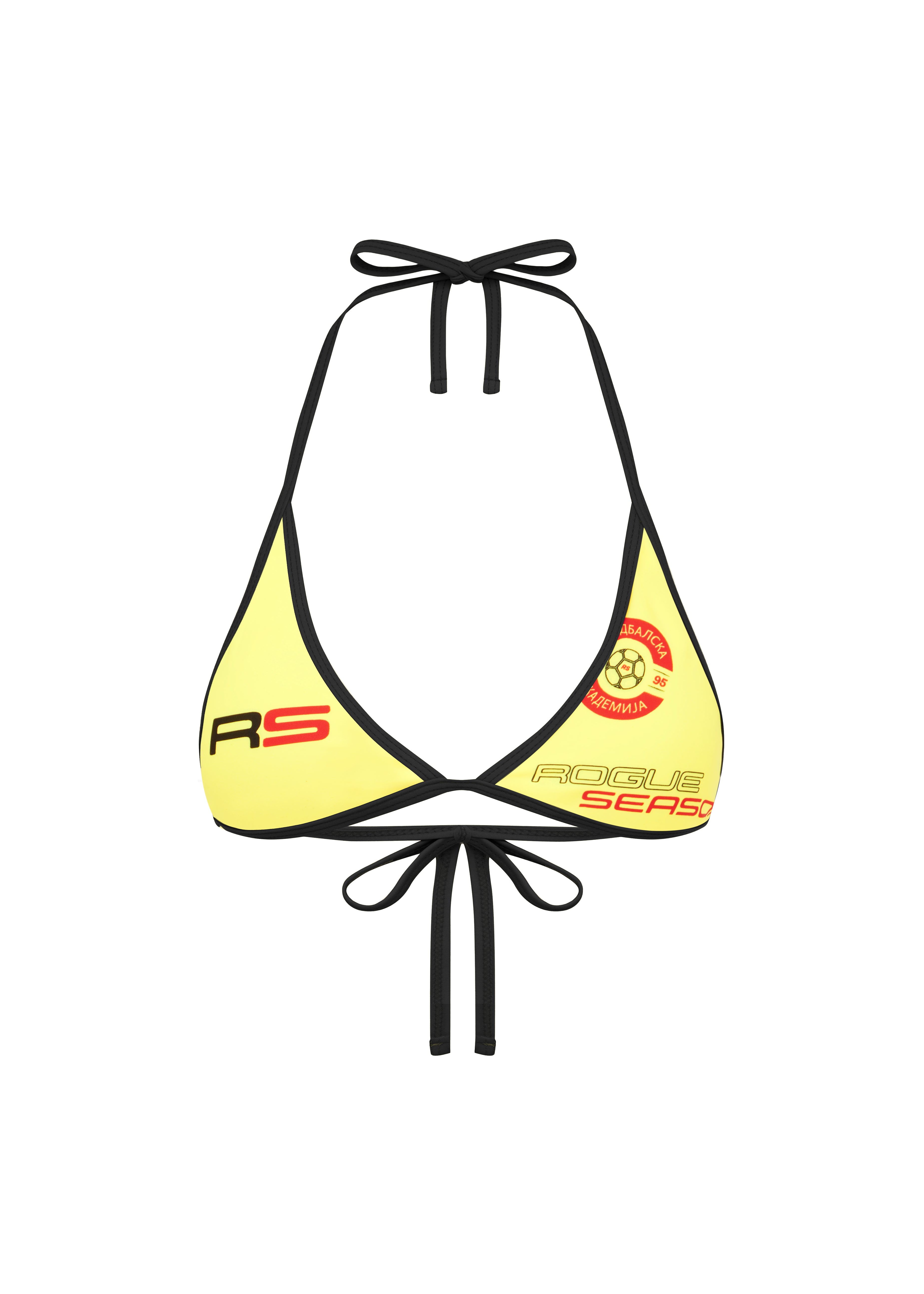 Rogue Season Yellow bikini top with black contrast straps and logo on a white background