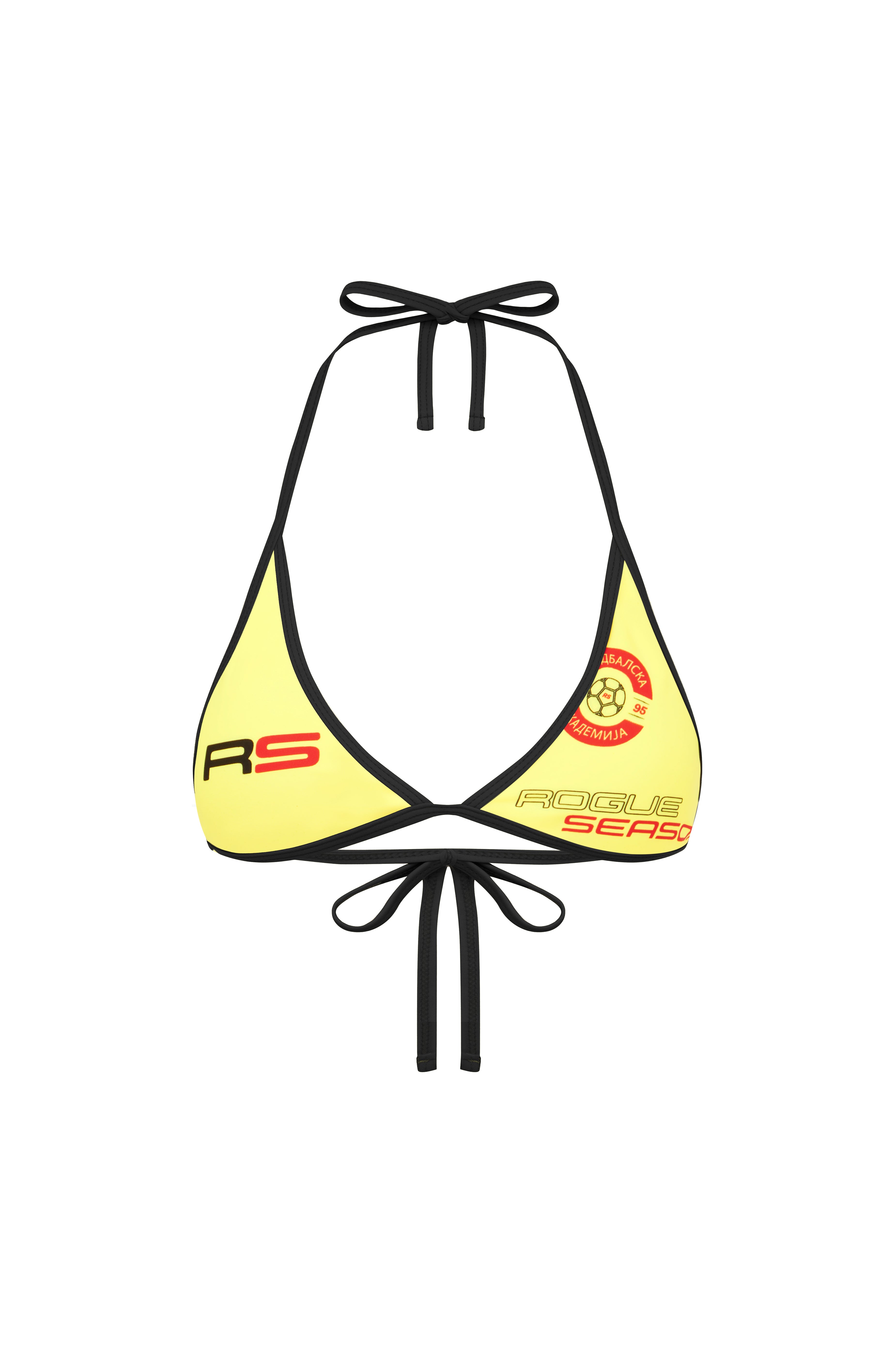 Rogue Season Yellow bikini top with black contrast straps and logo on a white background