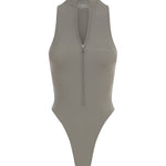 A grey sleeveless zip up swimsuit featuring a high neck and backless design on a white background.