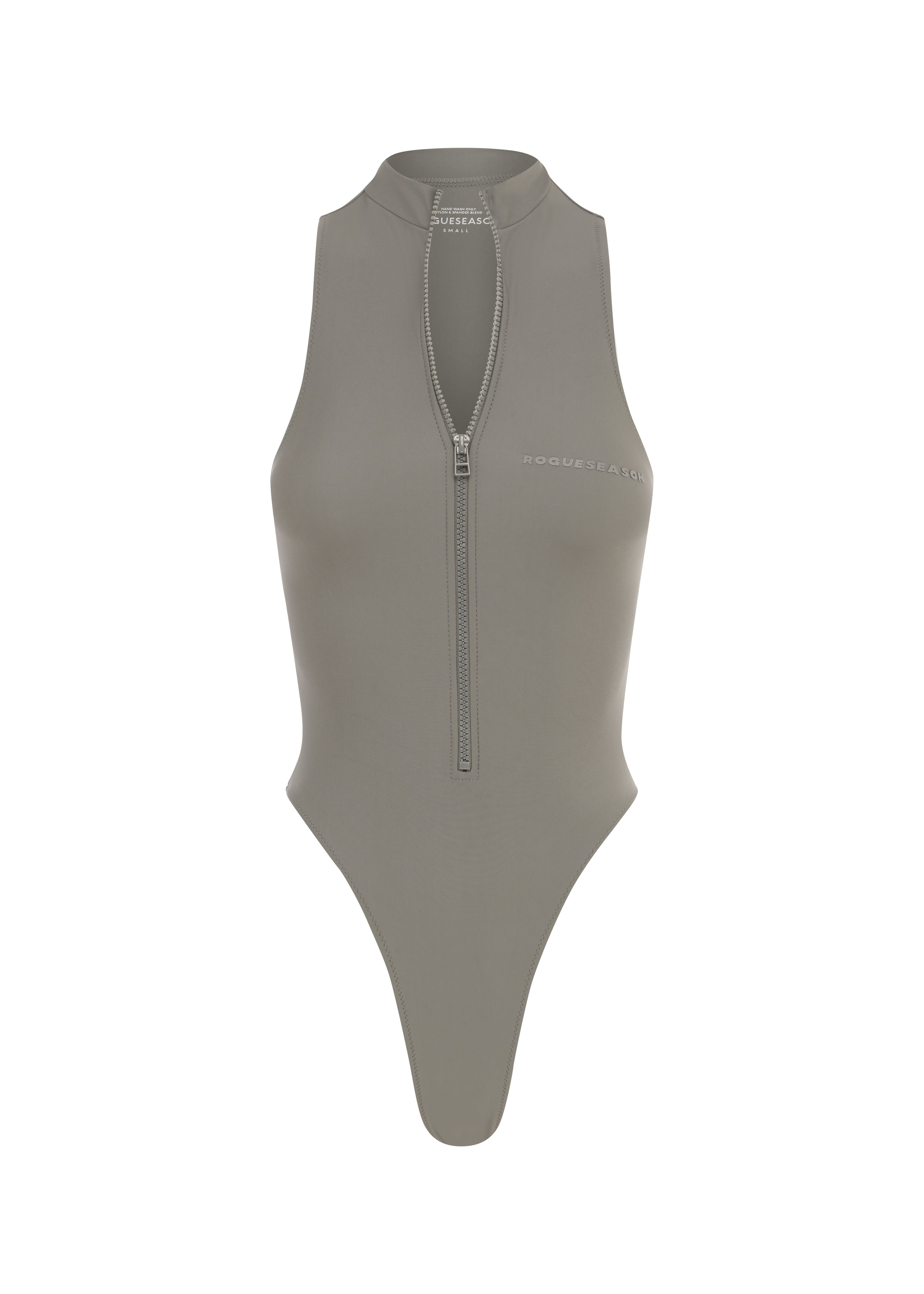 A grey sleeveless zip up swimsuit featuring a high neck and backless design on a white background.