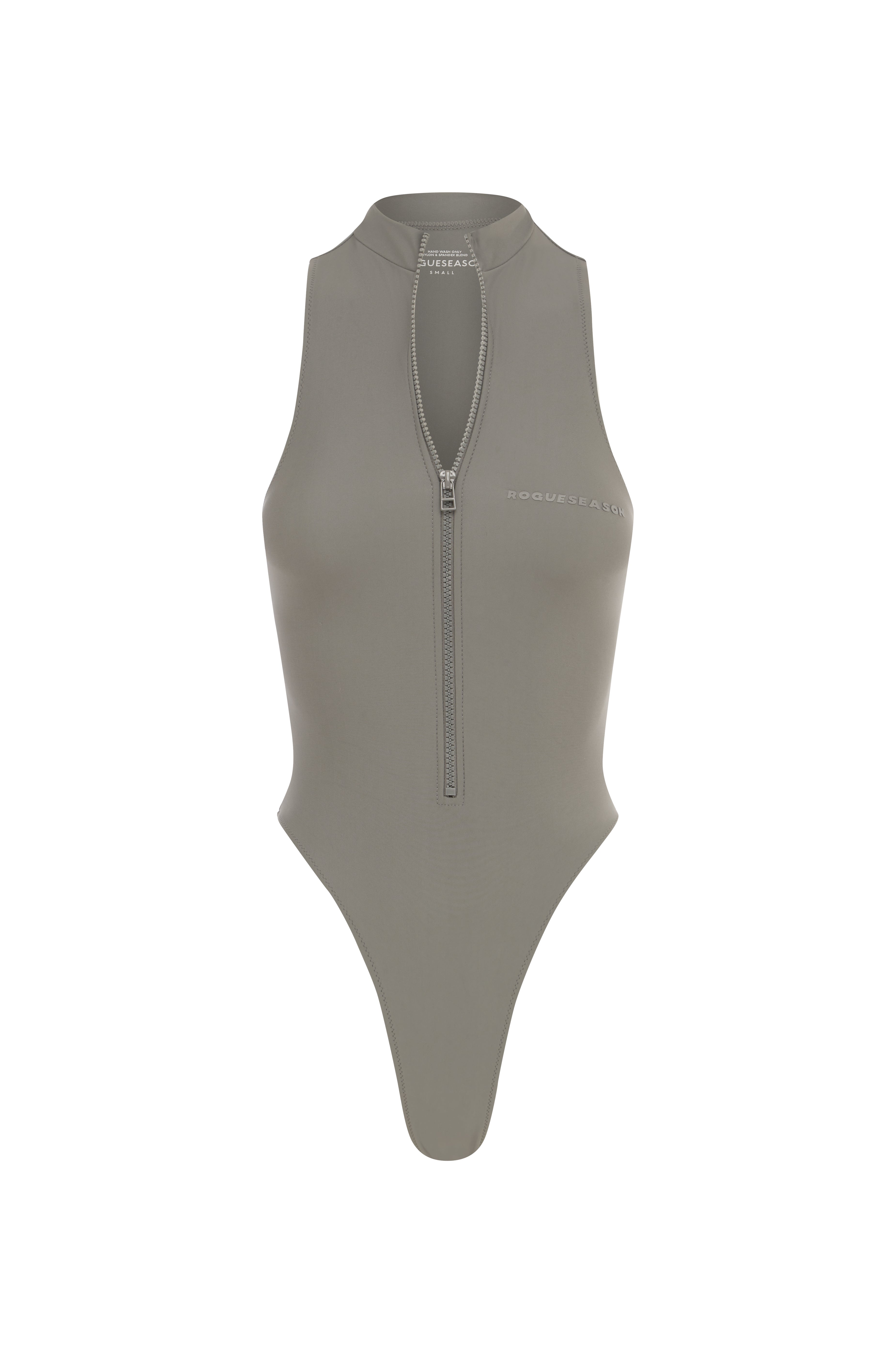 A grey sleeveless zip up swimsuit featuring a high neck and backless design on a white background.