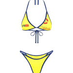 Yellow triangle bikini top with blue trim and Rogue Season logo, paired with a matching yellow high-cut bikini bottom with blue trim, on a white background.