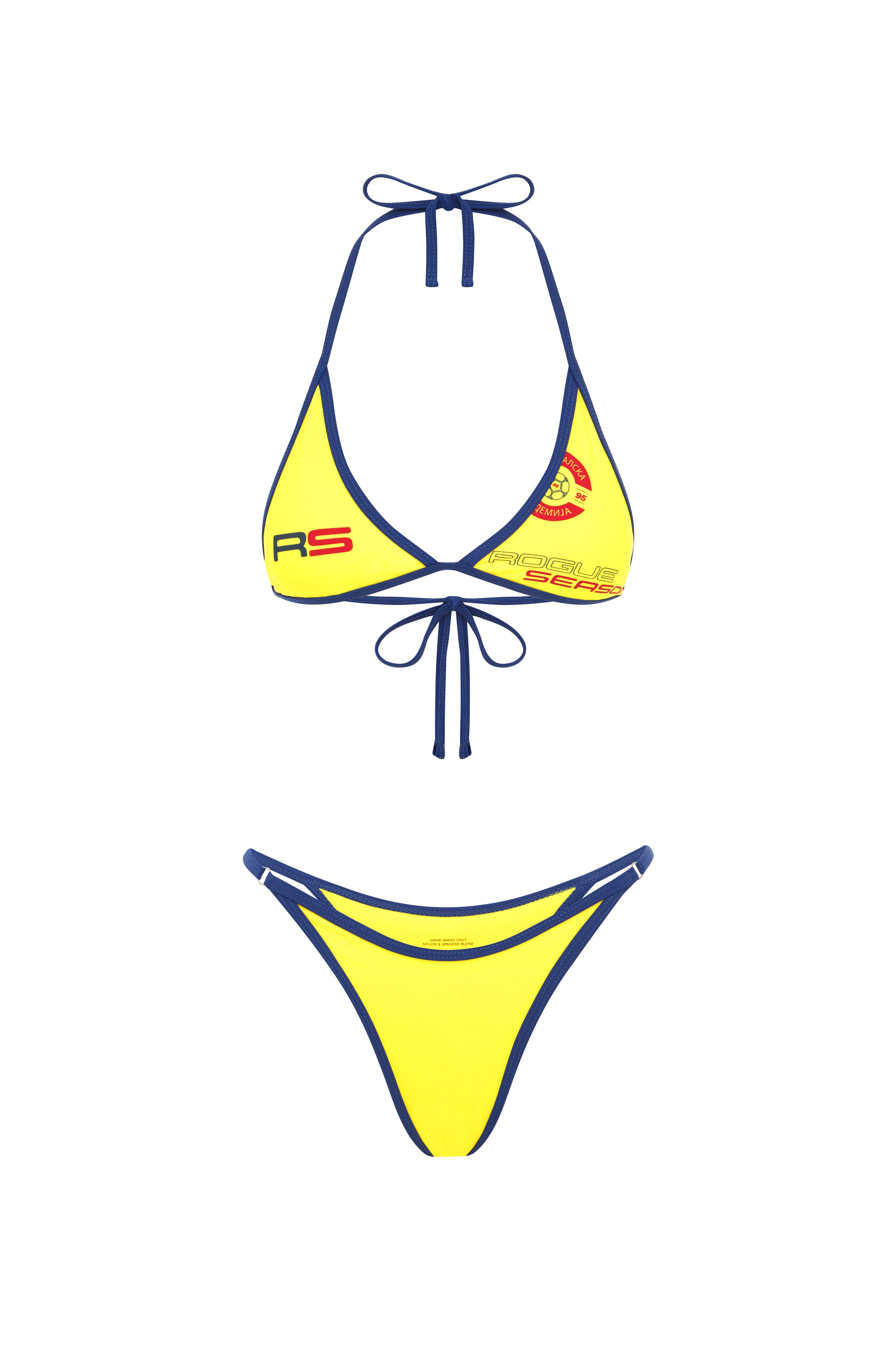 Yellow triangle bikini top with blue trim and Rogue Season logo, paired with a matching yellow high-cut bikini bottom with blue trim, on a white background.