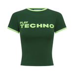 Green t-shirt with 'PLAY TECHNO' text on a white background