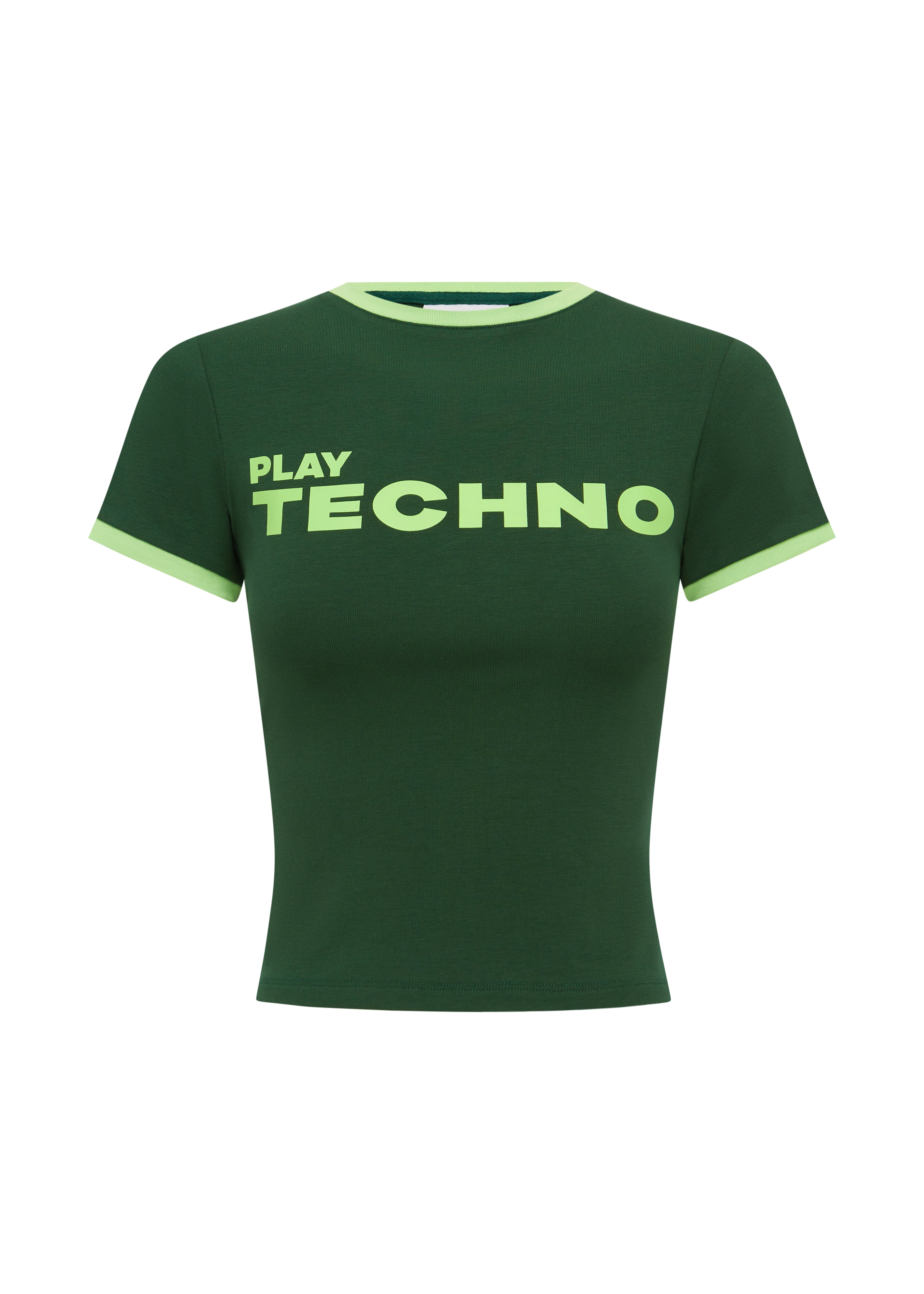 Green t-shirt with 'PLAY TECHNO' text on a white background