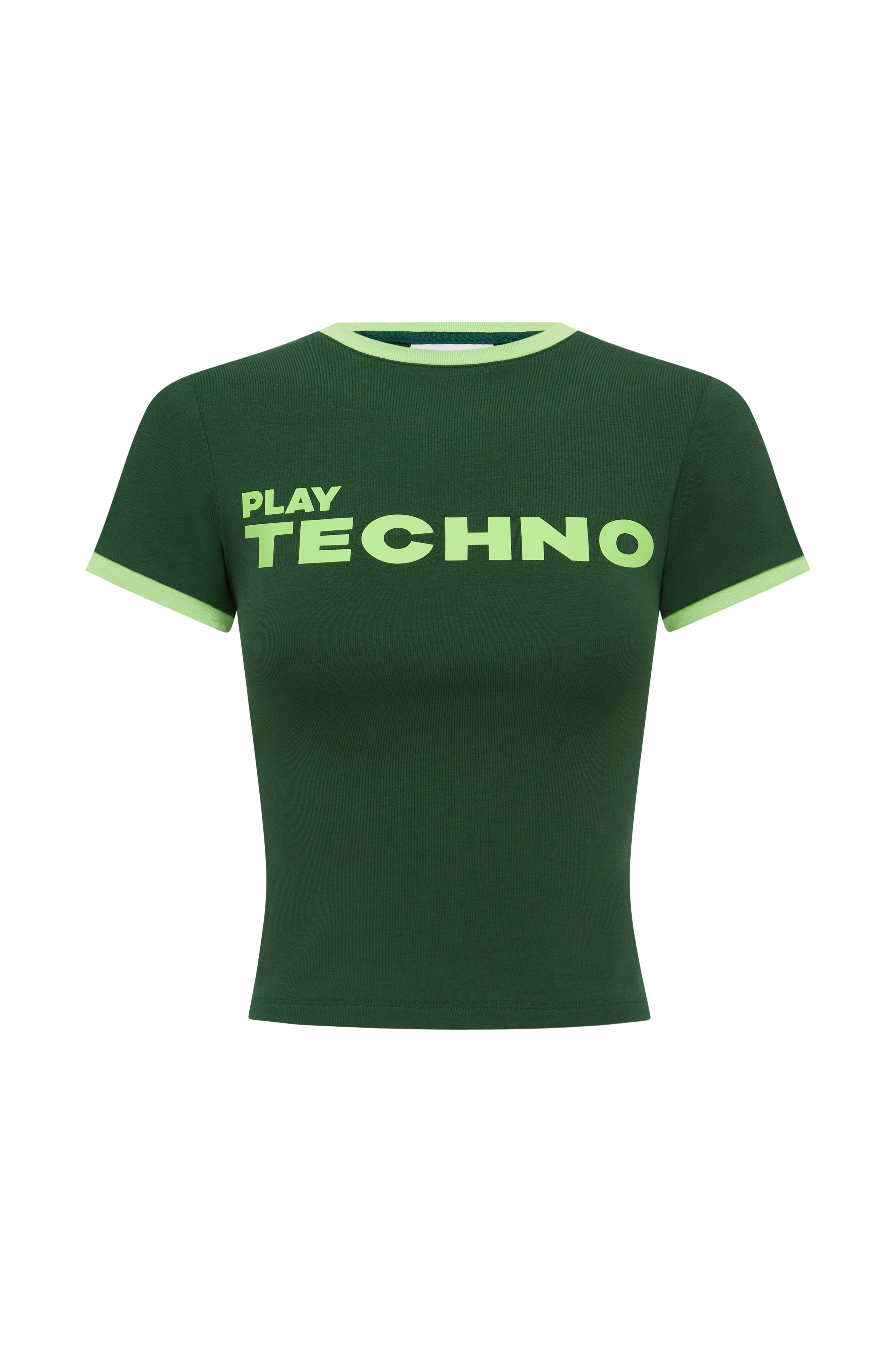 Green t-shirt with 'PLAY TECHNO' text on a white background
