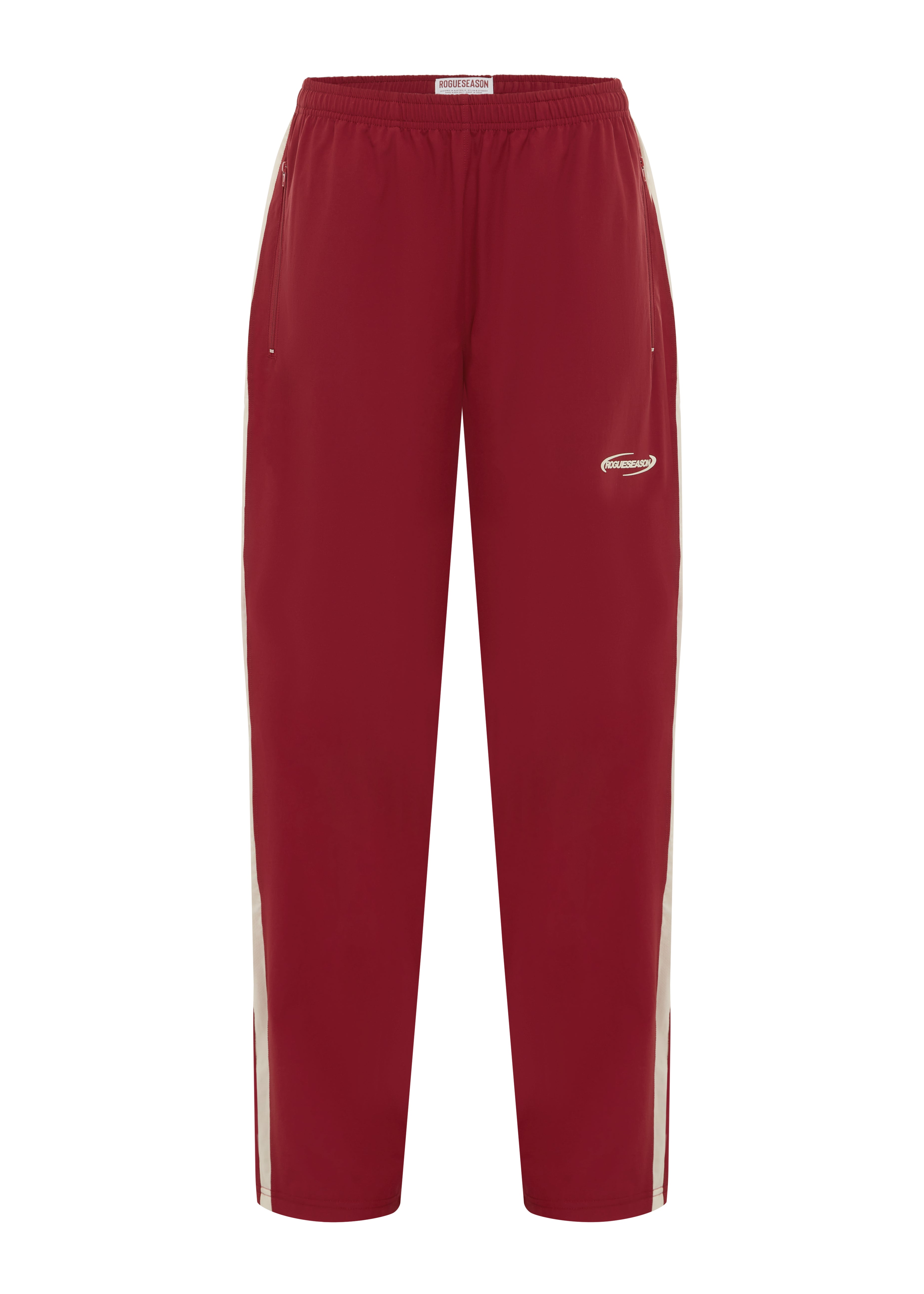 Cherry pants with yellow logo detailing on a white background