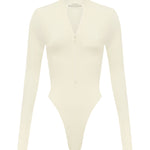 A long sleeve white swimsuit bodysuit with a zipper and a thong cut back on a white background.