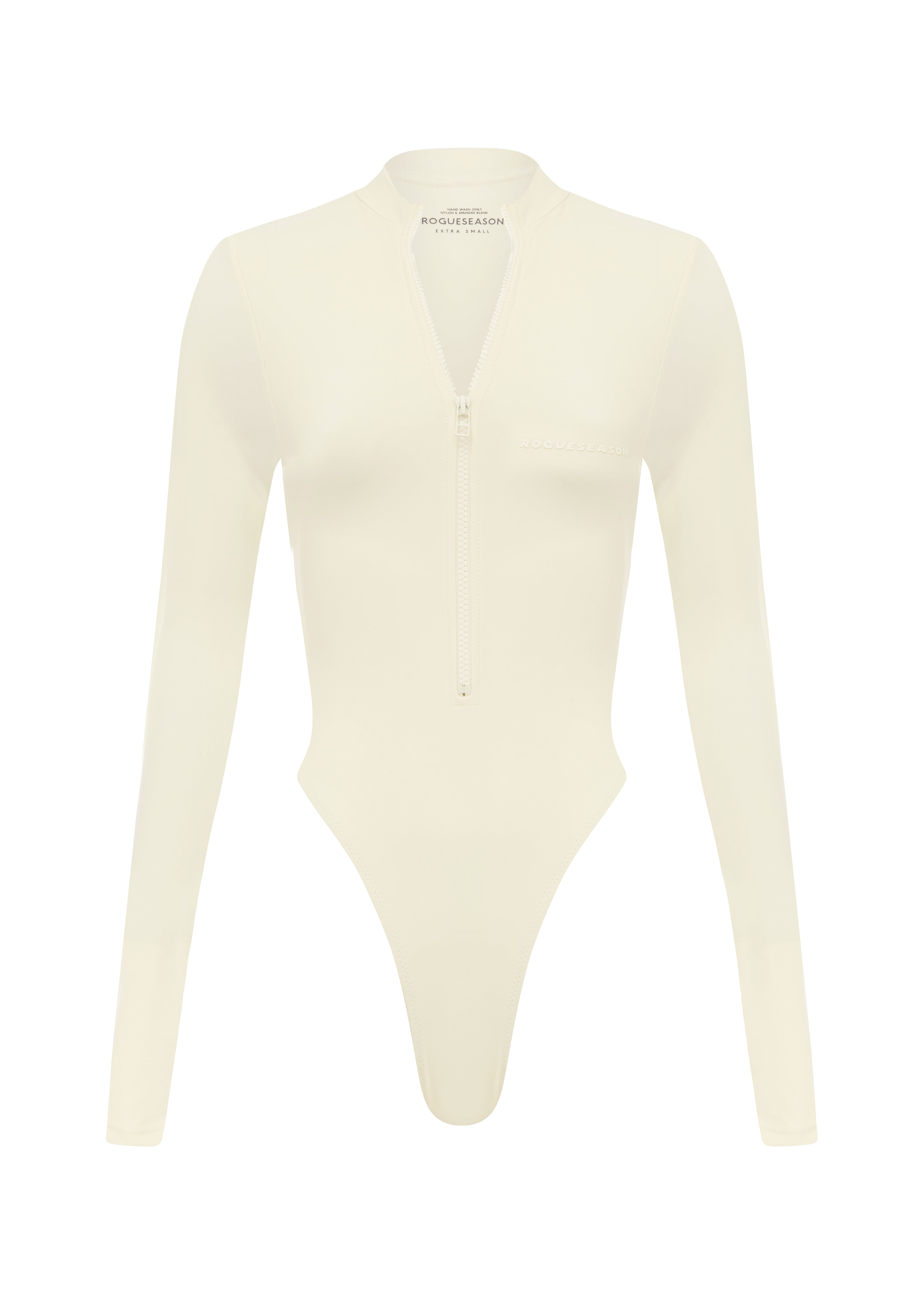 A long sleeve white swimsuit bodysuit with a zipper and a thong cut back on a white background.