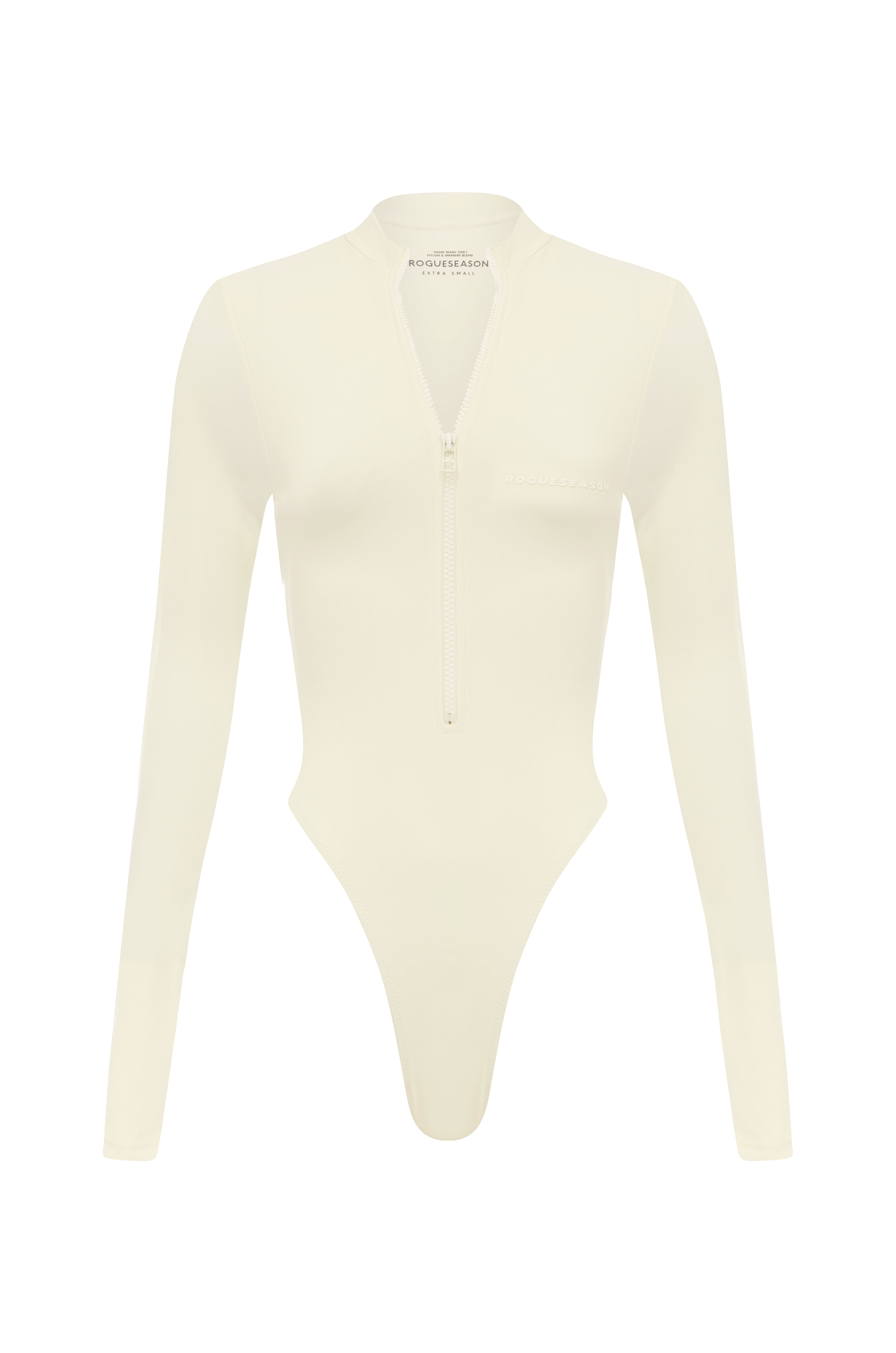 A long sleeve white swimsuit bodysuit with a zipper and a thong cut back on a white background.
