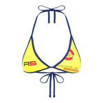 A yellow and blue bikini top with a halter neck and tie straps, featuring a logo on the front on a white background.