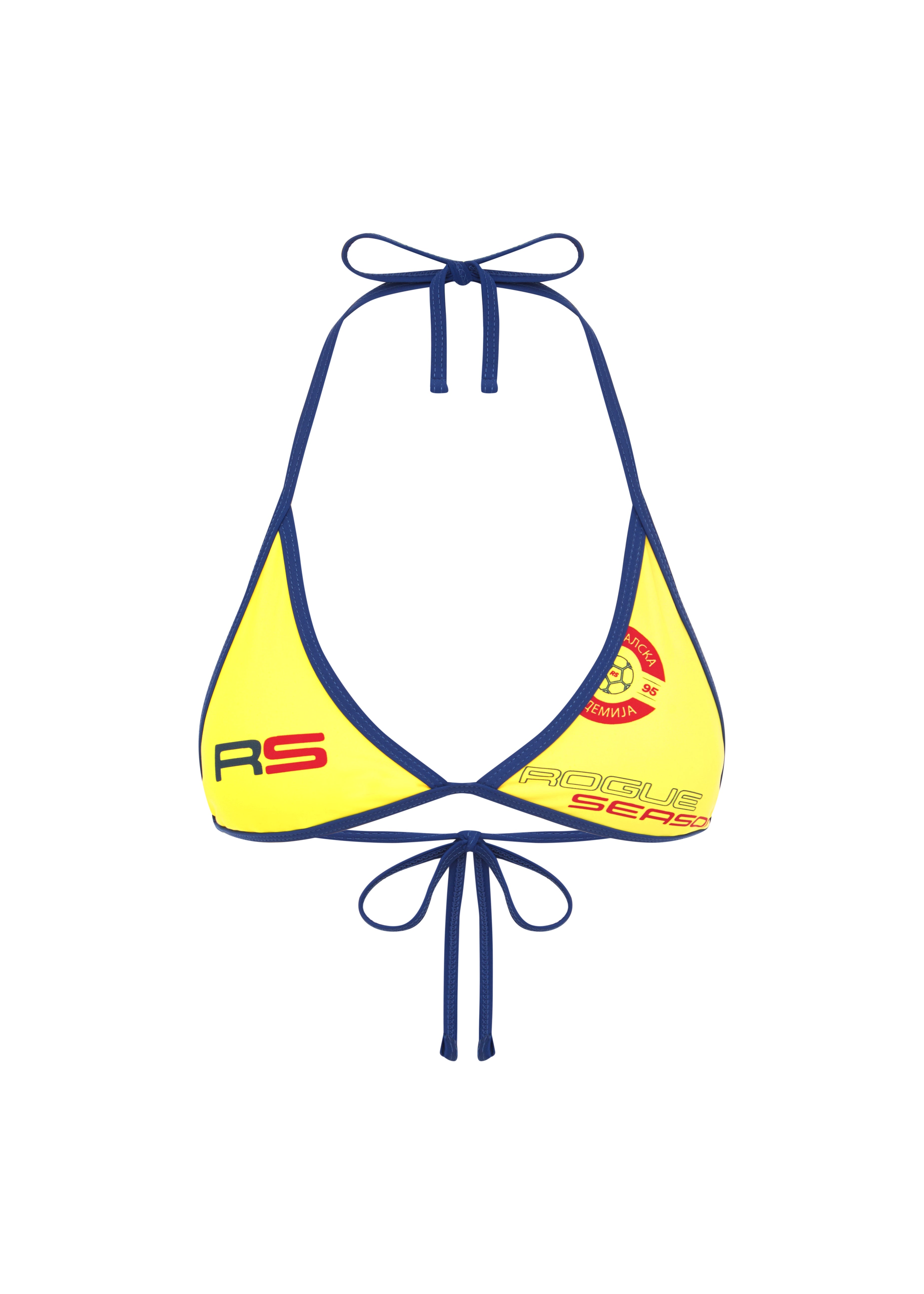 A yellow and blue bikini top with a halter neck and tie straps, featuring a logo on the front on a white background.