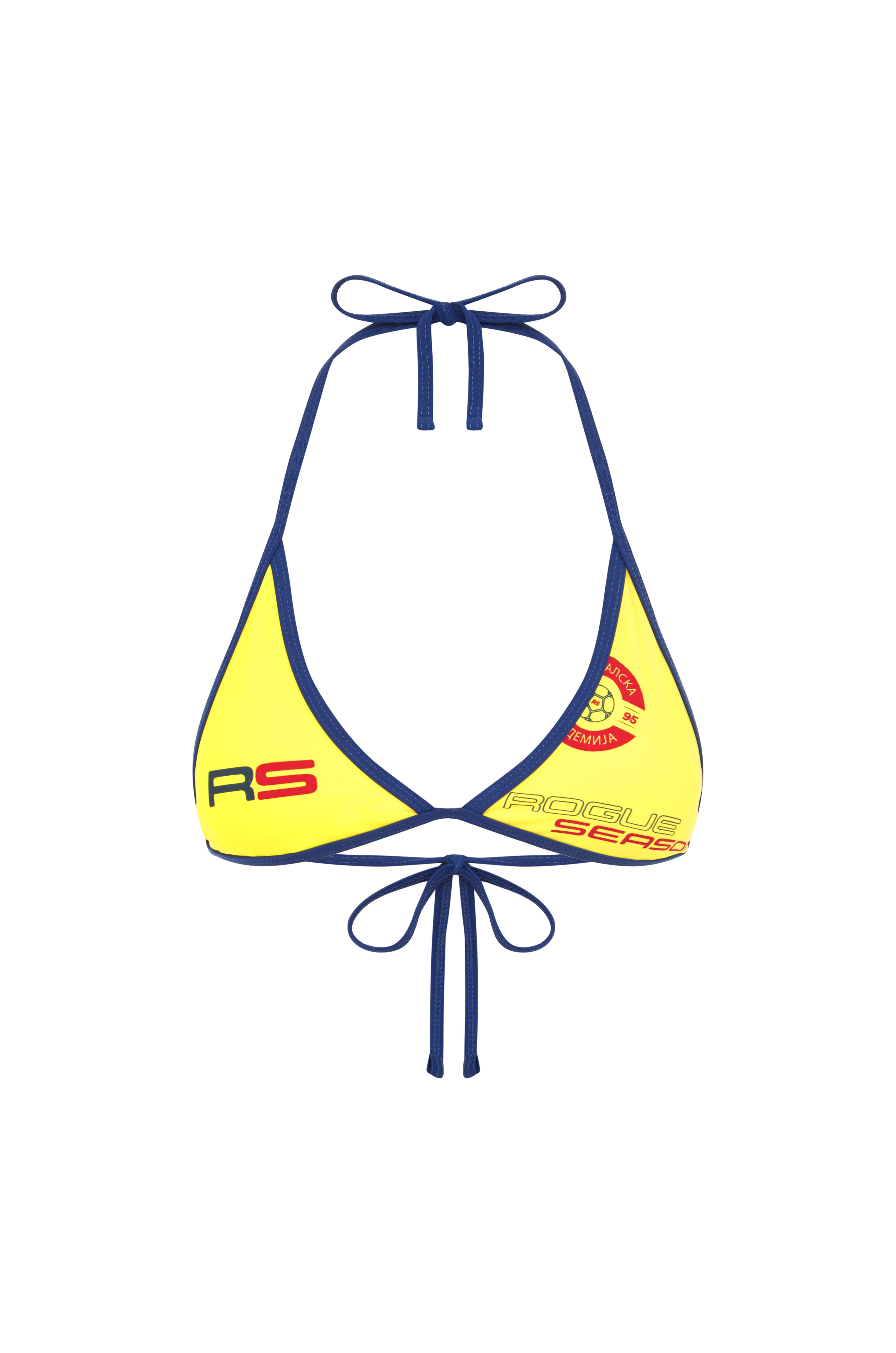 A yellow and blue bikini top with a halter neck and tie straps, featuring a logo on the front on a white background.