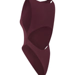 Back shot of burgundy swimsuit on a white background.
