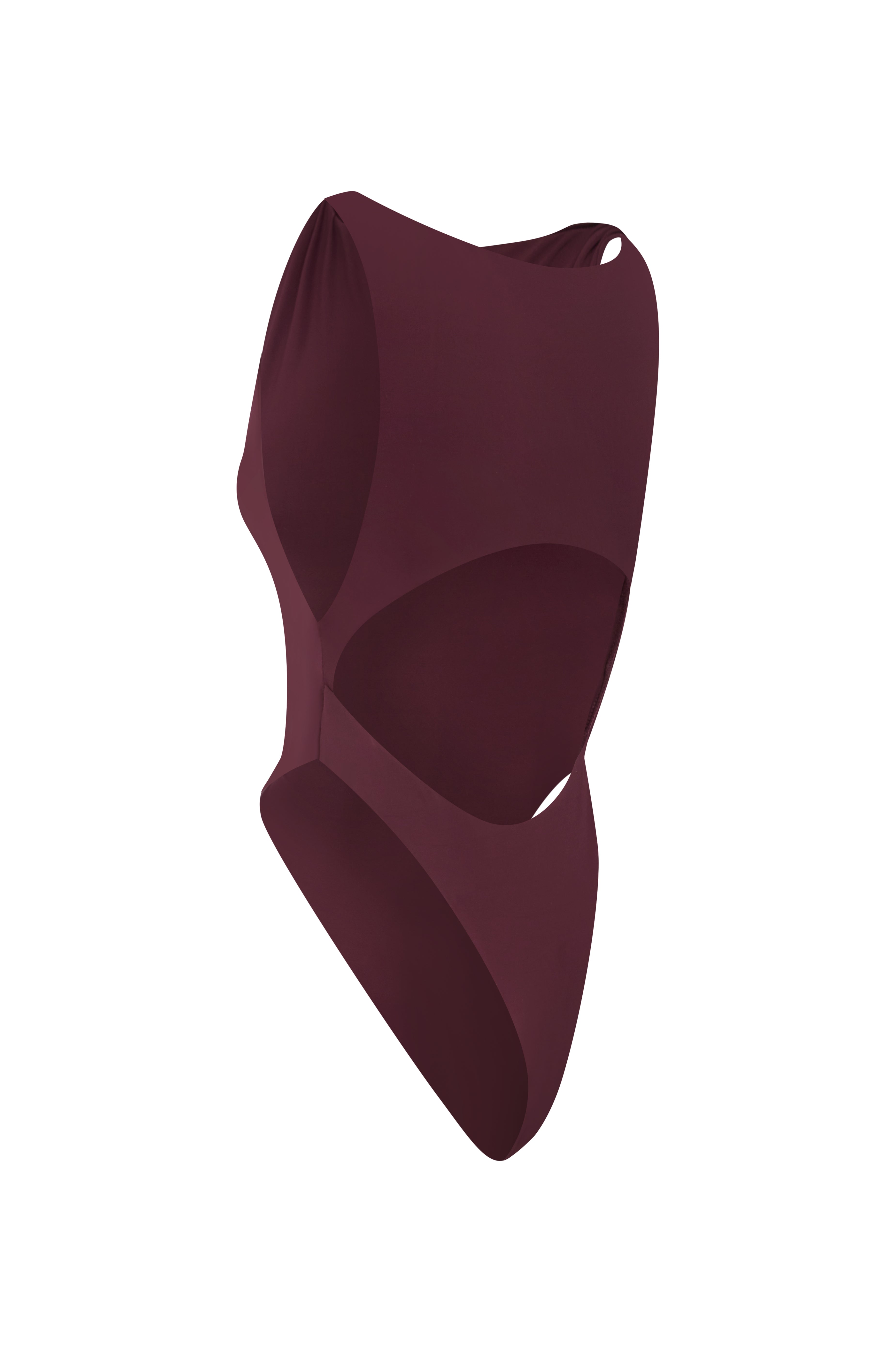 Back shot of burgundy swimsuit on a white background.
