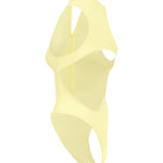 Back view of pastel yellow swimsuit on a white background
