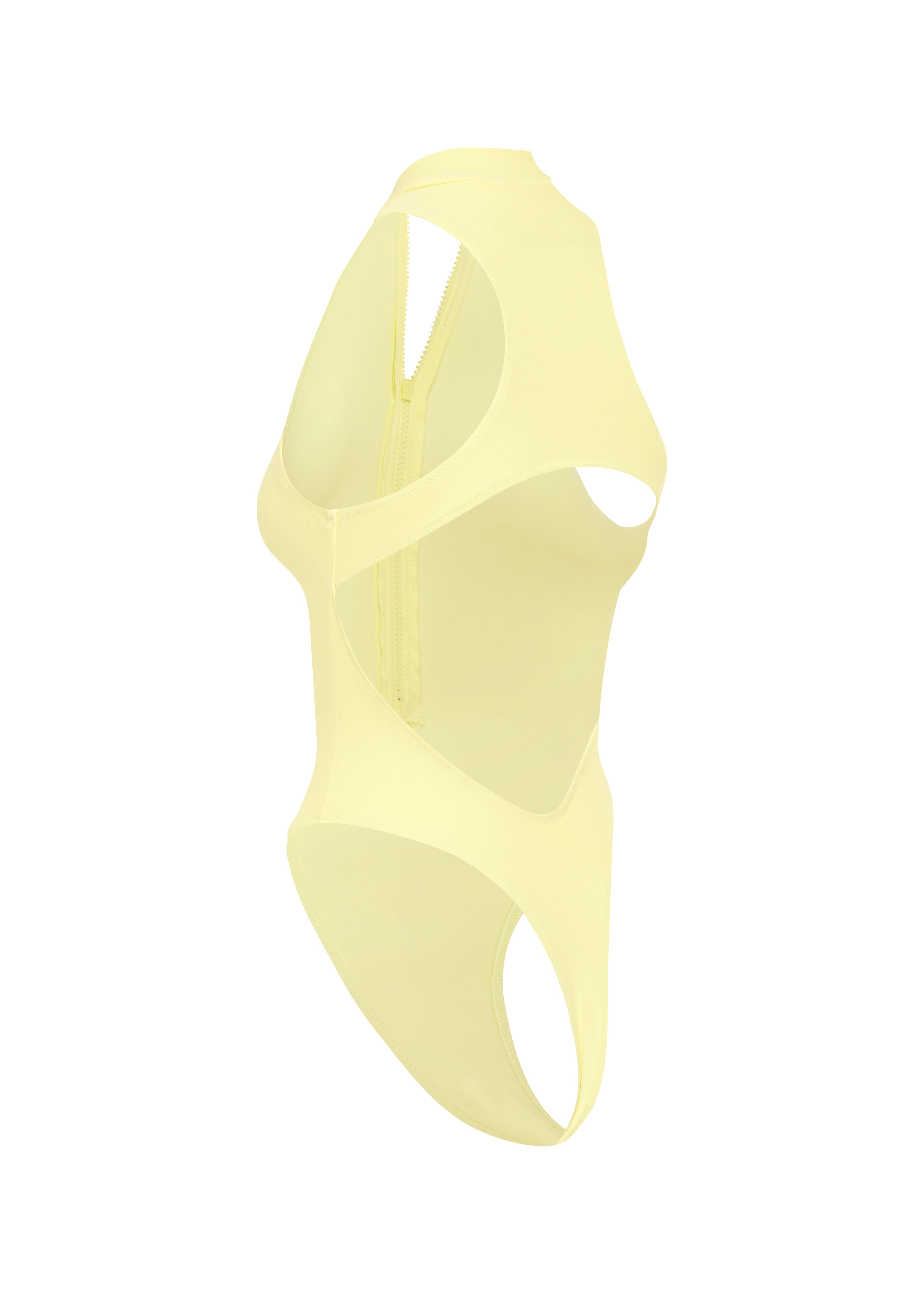 Back view of pastel yellow swimsuit on a white background