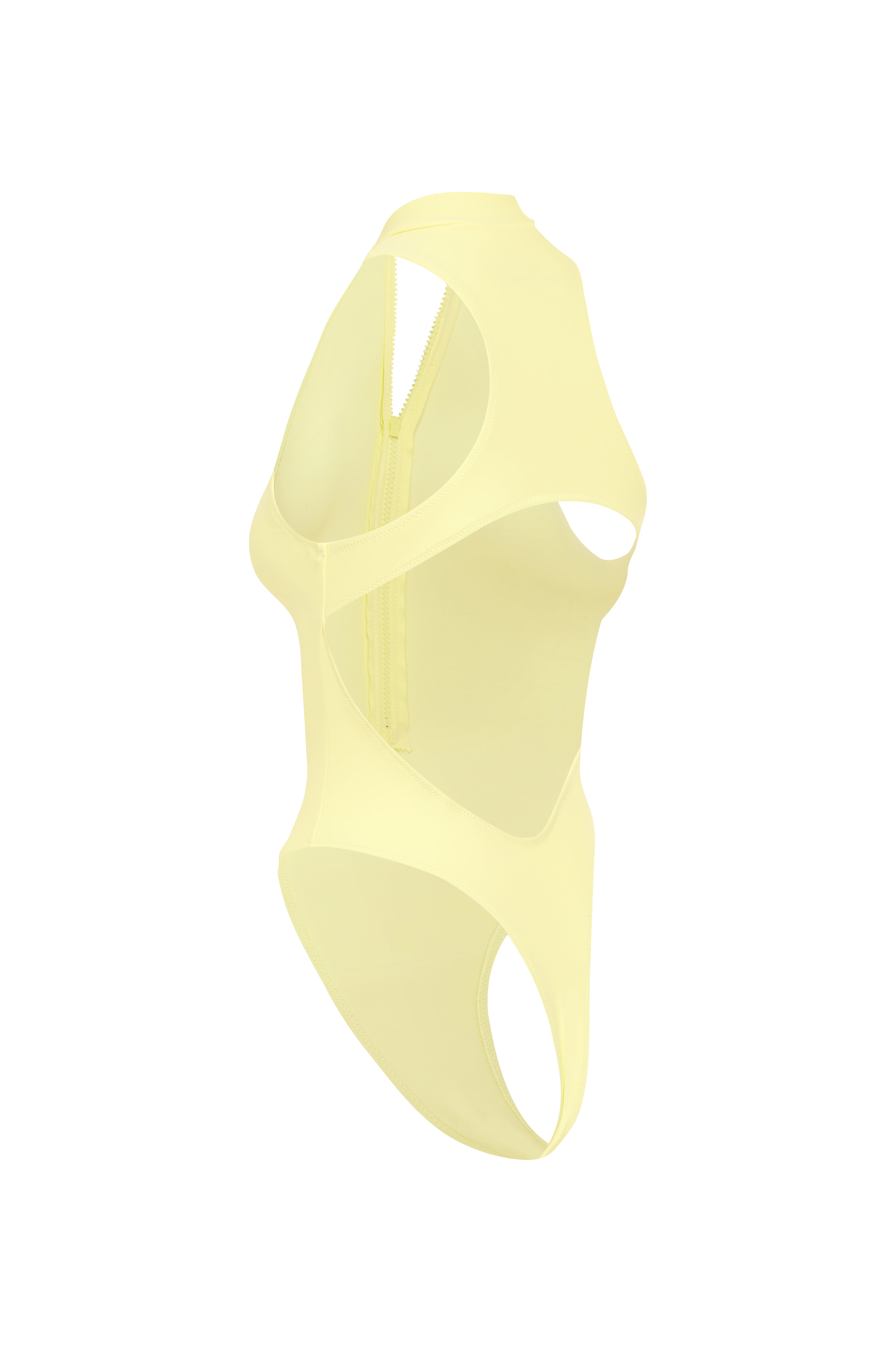 Back view of pastel yellow swimsuit on a white background