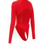 Cut out of a red long sleeve swimsuit on a white background.