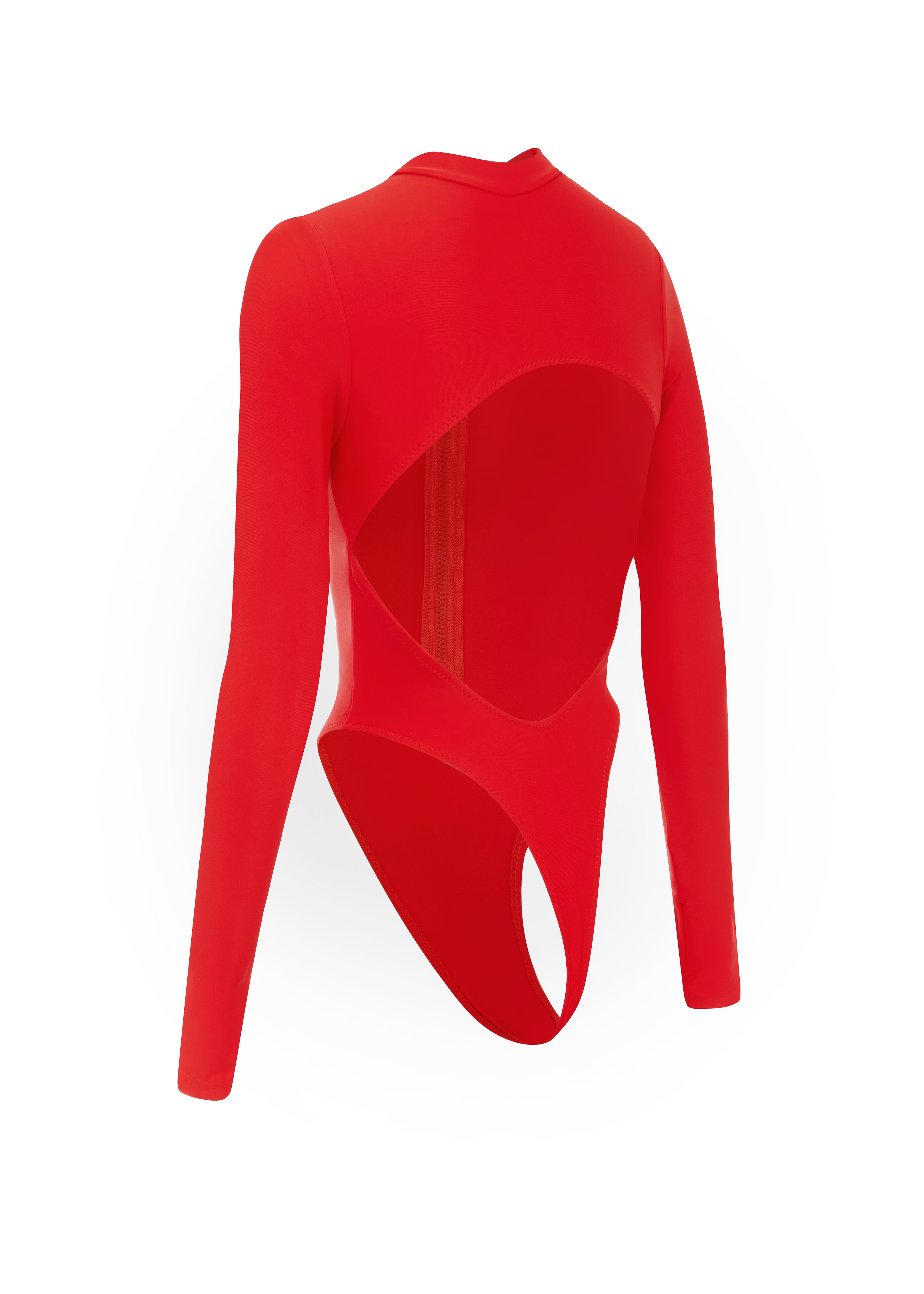 Cut out of a red long sleeve swimsuit on a white background.