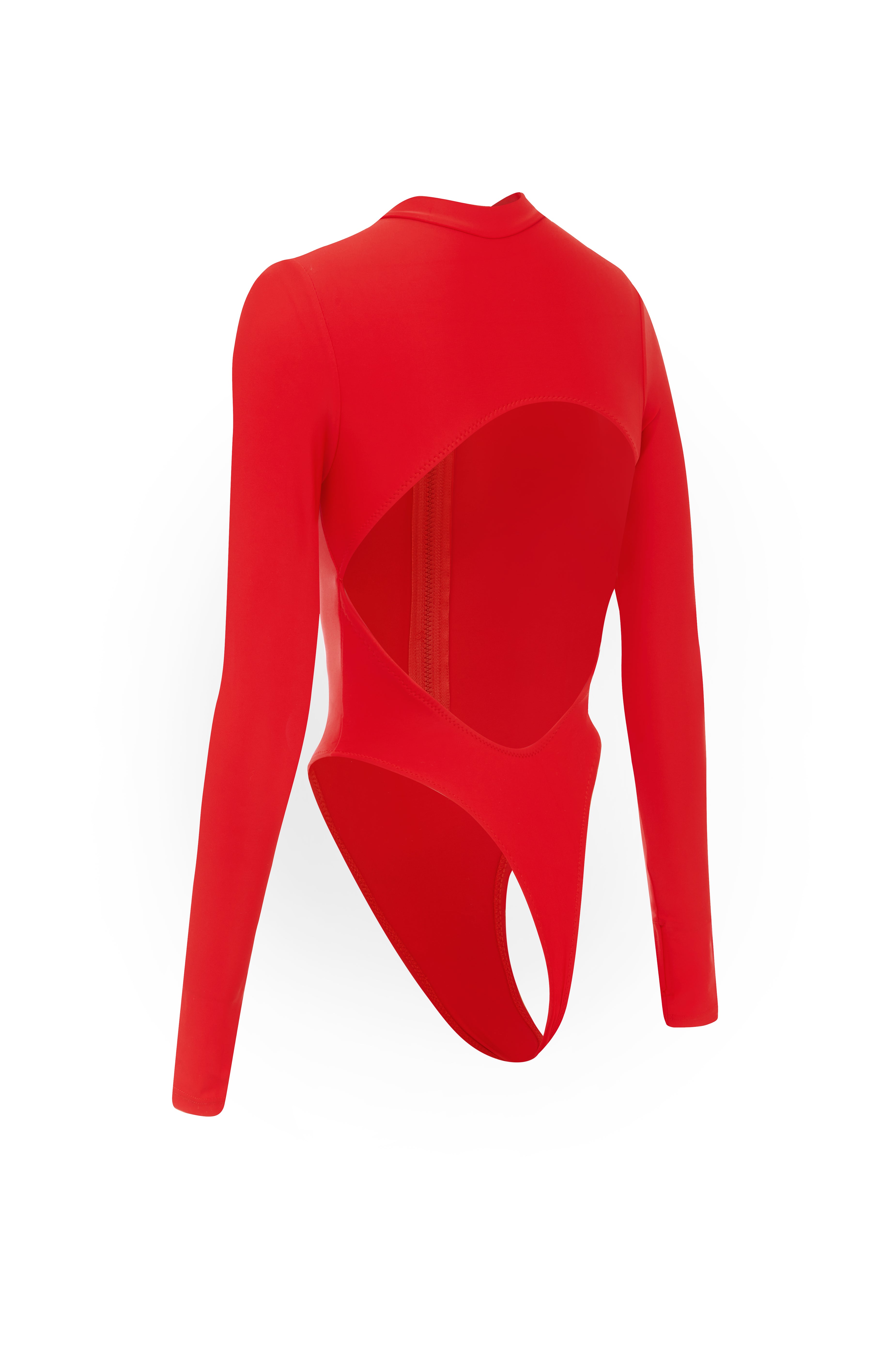 Cut out of a red long sleeve swimsuit on a white background.