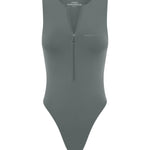 A gray sleeveless one-piece swimsuit with a high waist and a front zipper detail in front of a white background.