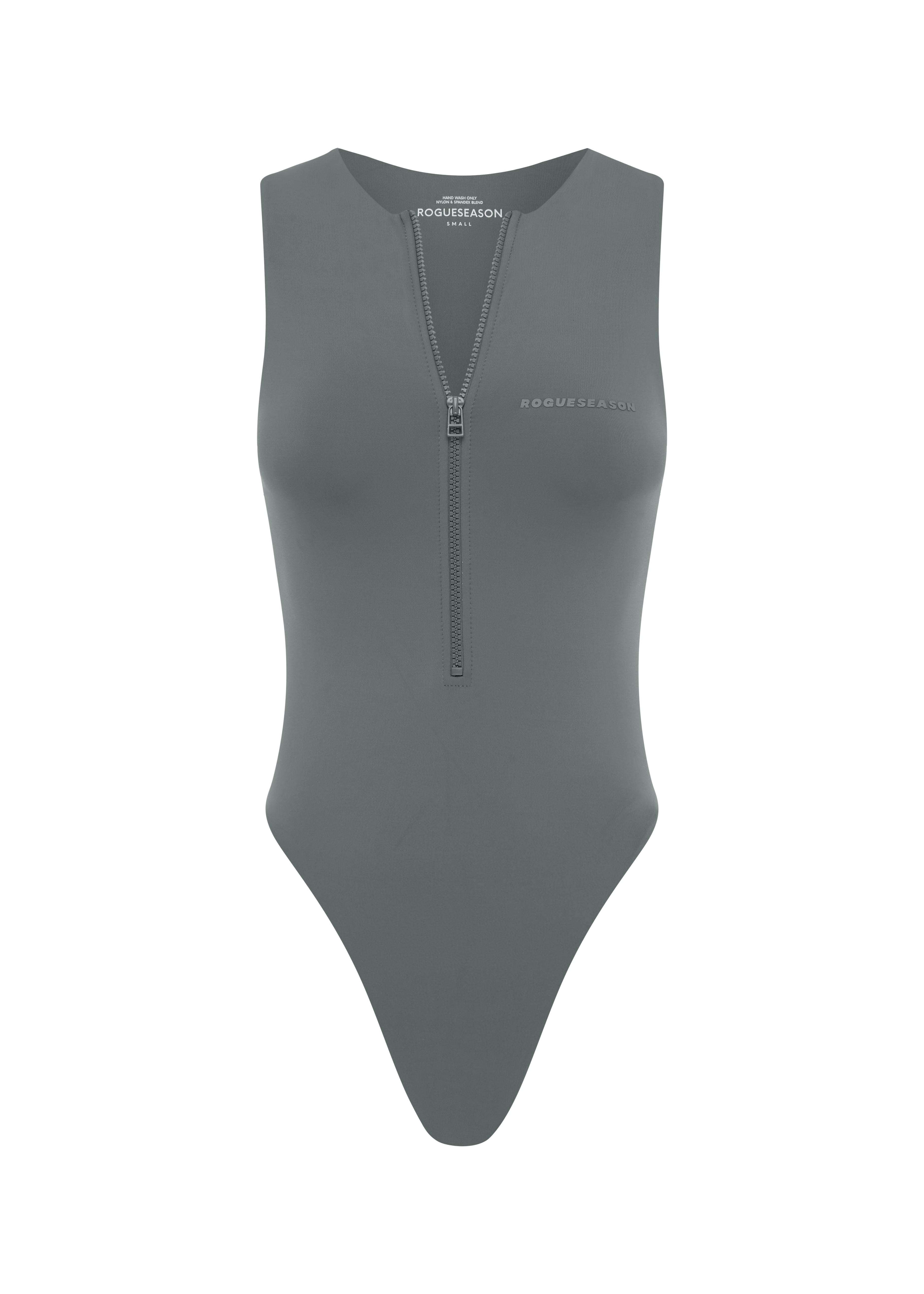 A gray sleeveless one-piece swimsuit with a high waist and a front zipper detail in front of a white background.