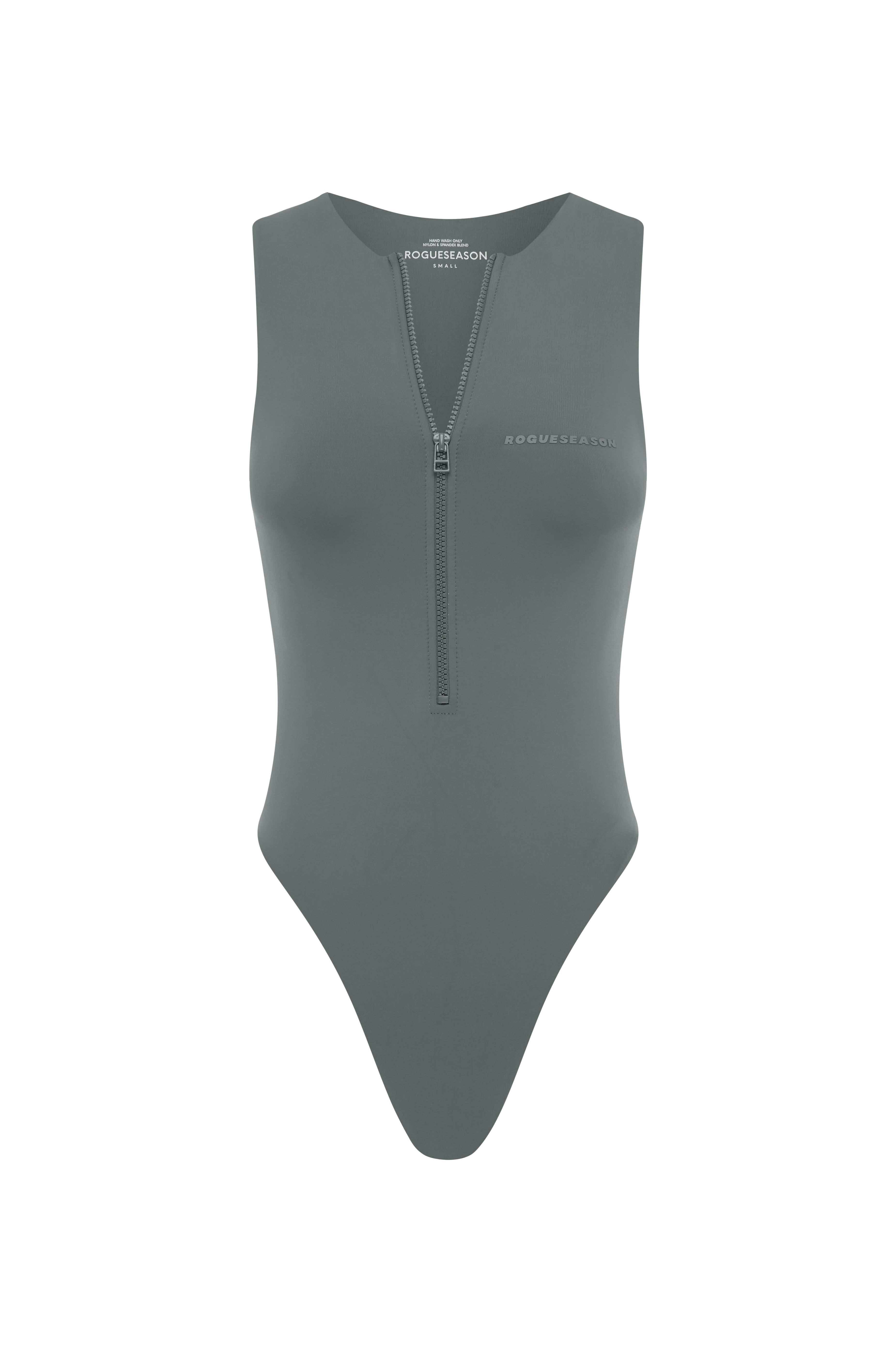 A gray sleeveless one-piece swimsuit with a high waist and a front zipper detail in front of a white background.