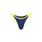 A blue bikini bottom with yellow trim, viewed from the front on a white back ground.