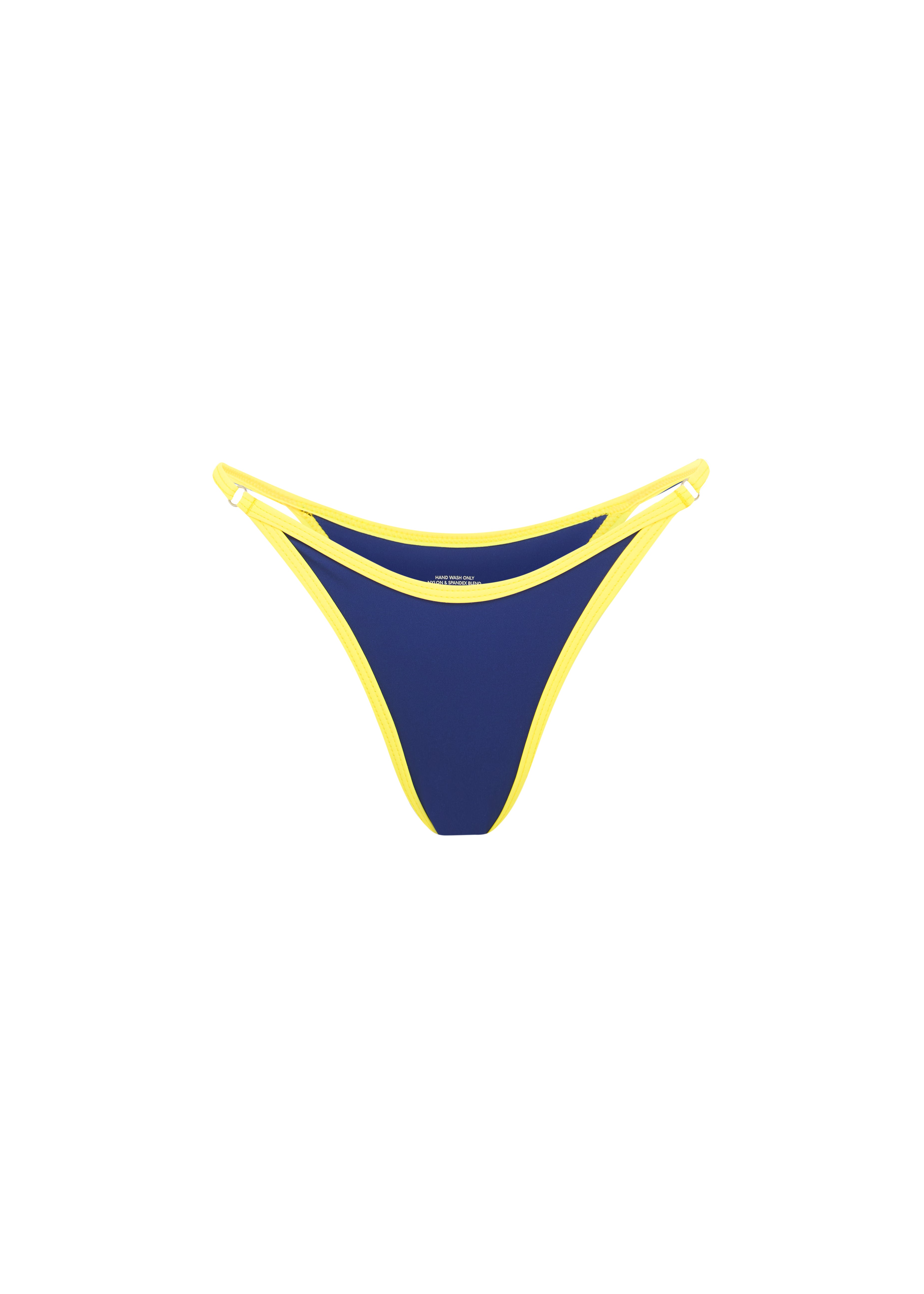 A blue bikini bottom with yellow trim, viewed from the front on a white back ground.