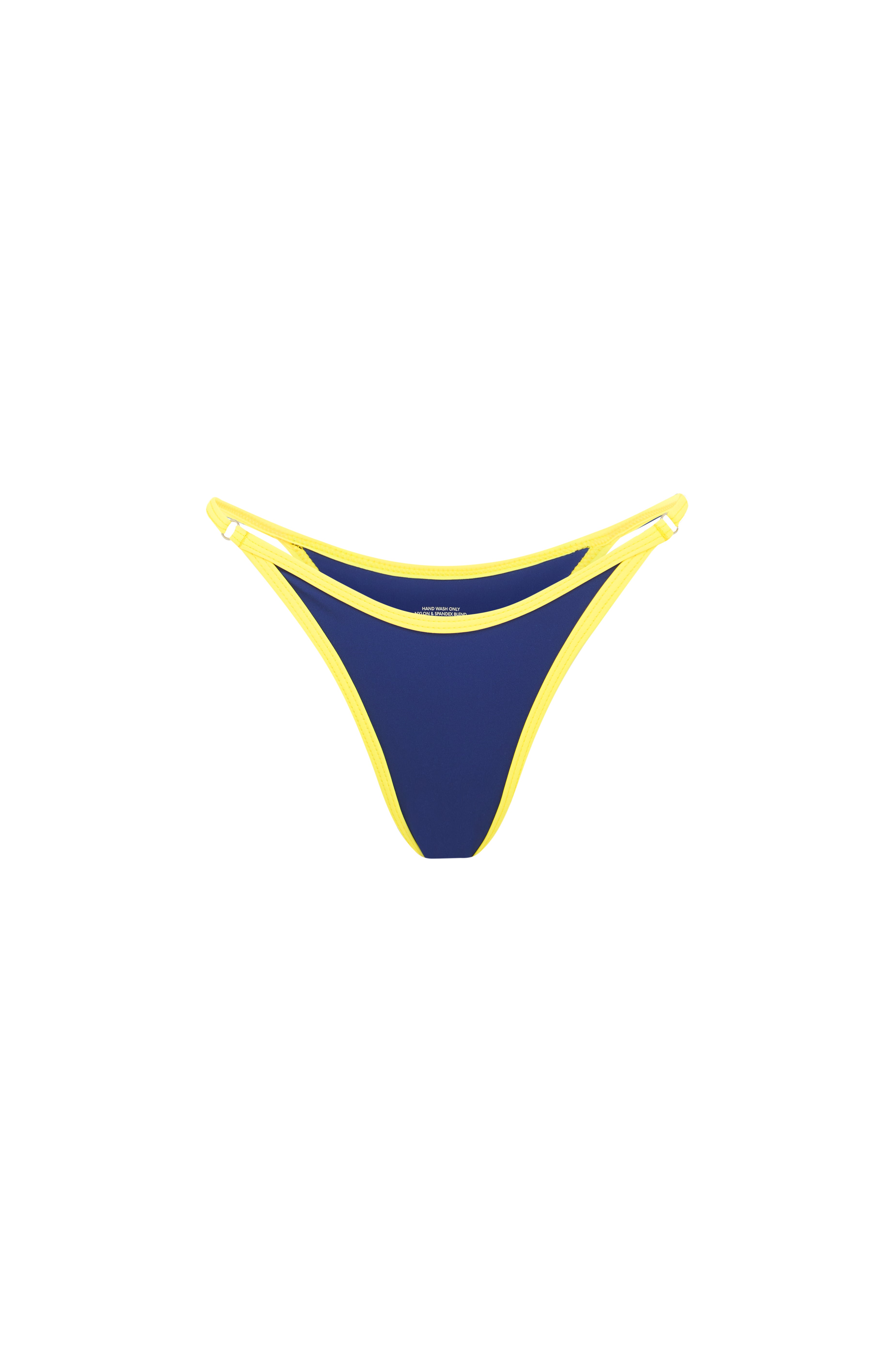 A blue bikini bottom with yellow trim, viewed from the front on a white back ground.