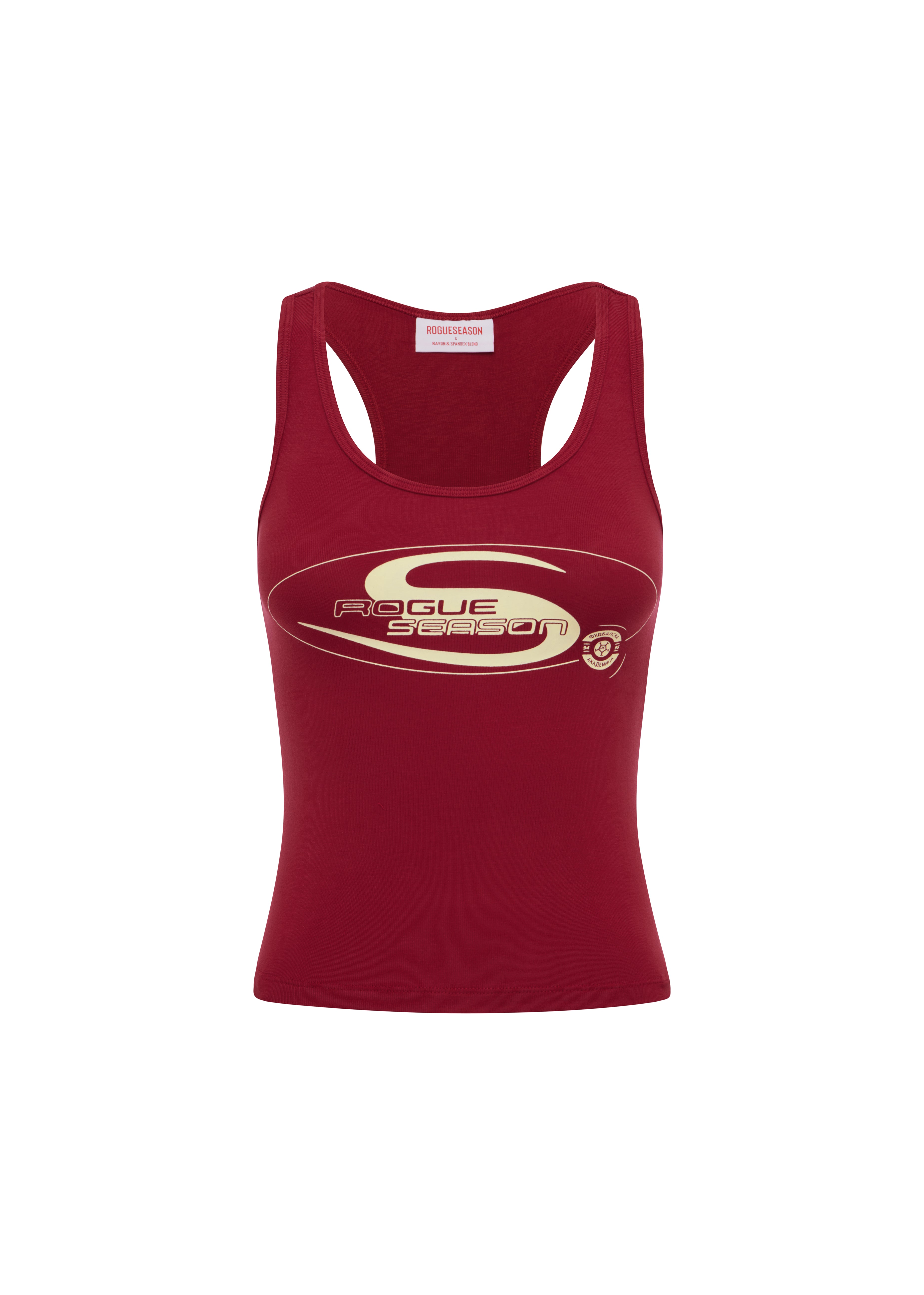 Cherry fitted tank top with scoop neckline and yellow Rogue Season logo graphic on the front, shown on a plain background.